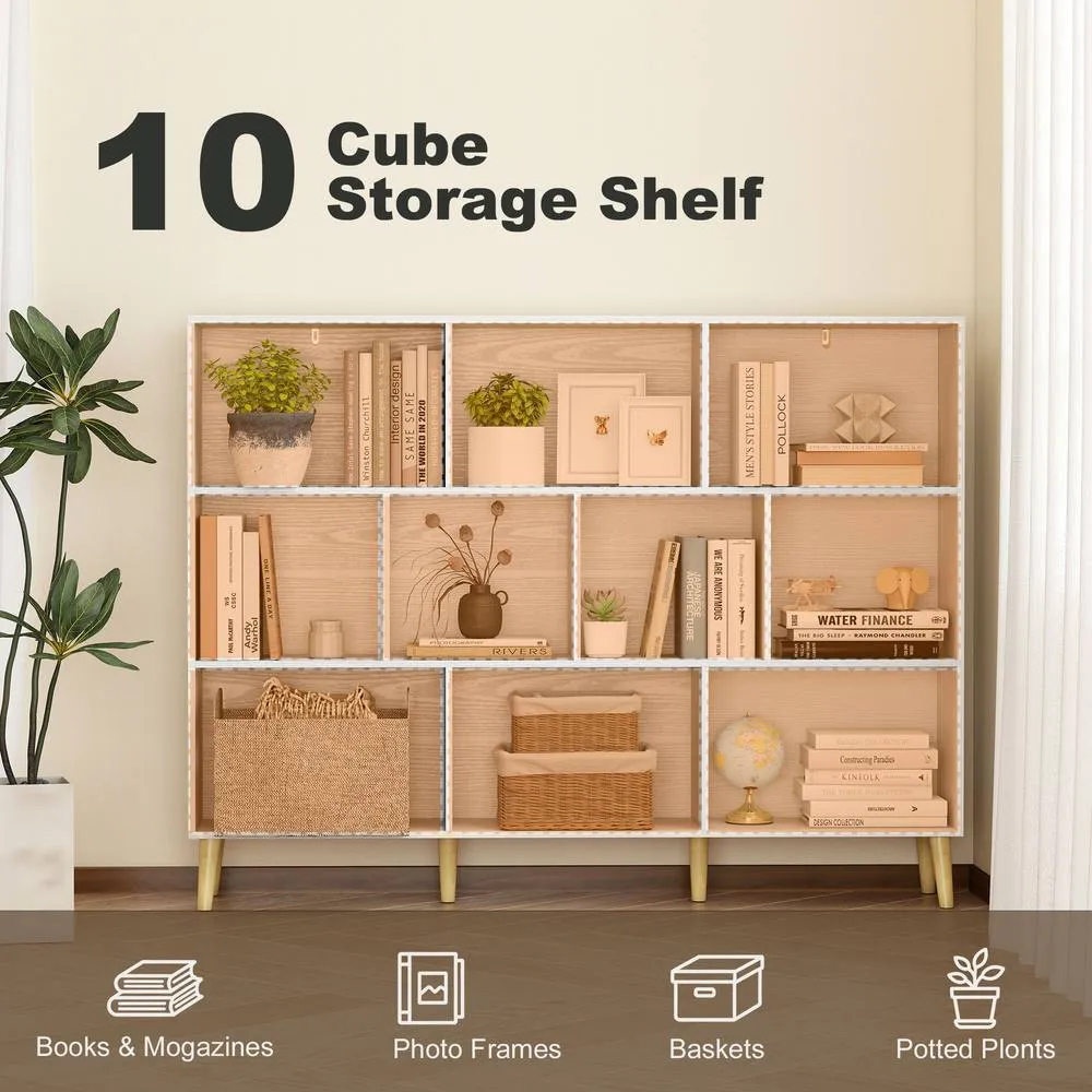 HOMCOM Bookshelf with 10 Cubbies, 3-Tier Book Shelf with Wood Legs, White 4