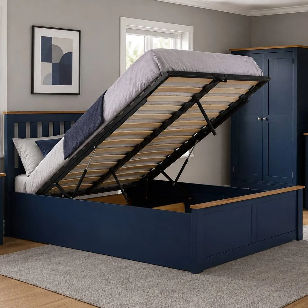 Birlea King Size Ottoman Bed Navy Blue Aspen Wood Frame Storage 5FT Oak Solid 2