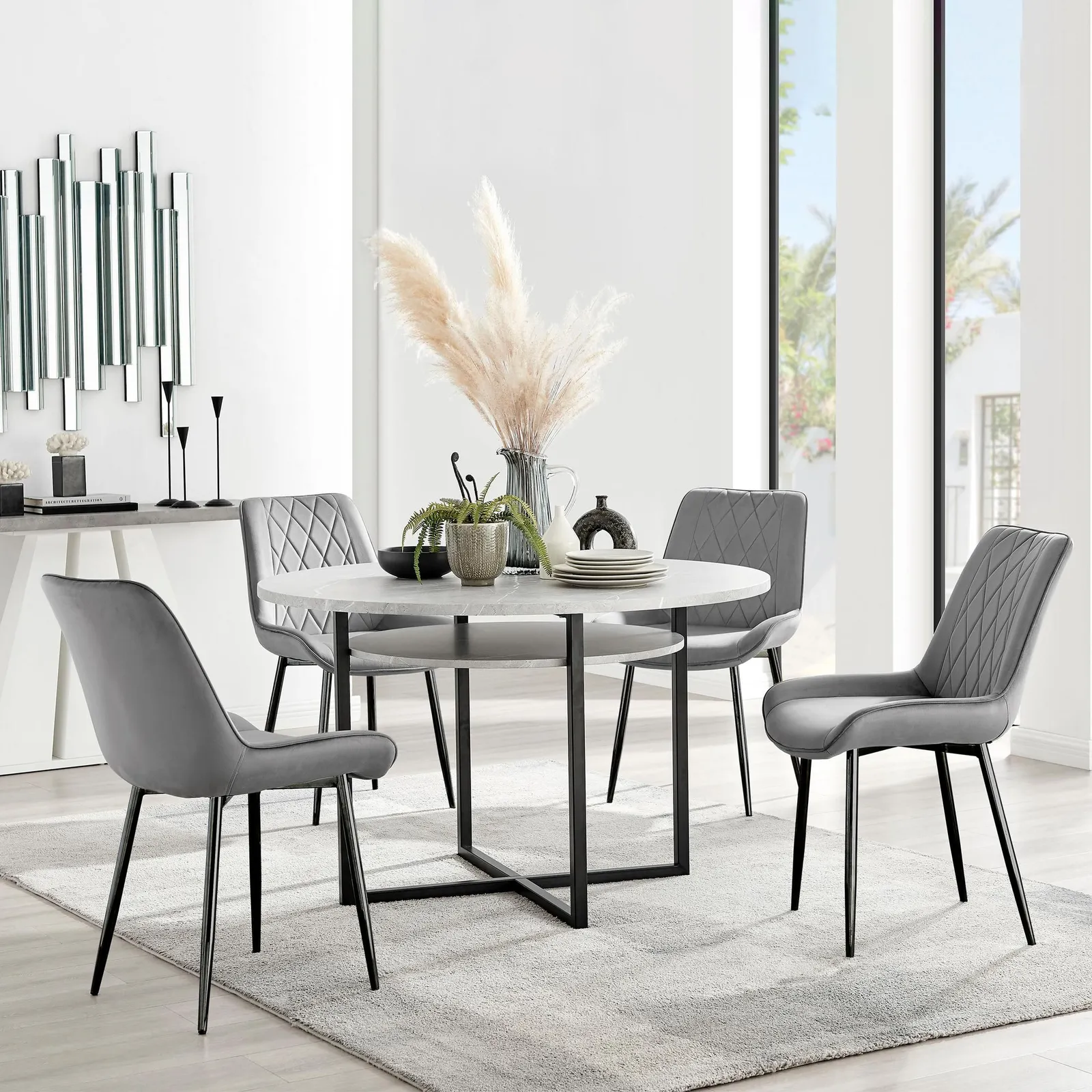 FurnitureboxUK Adley Grey Concrete Effect & Black Round Dining Table with Shelf & 4 Velvet Pesaro Dining Chairs 1