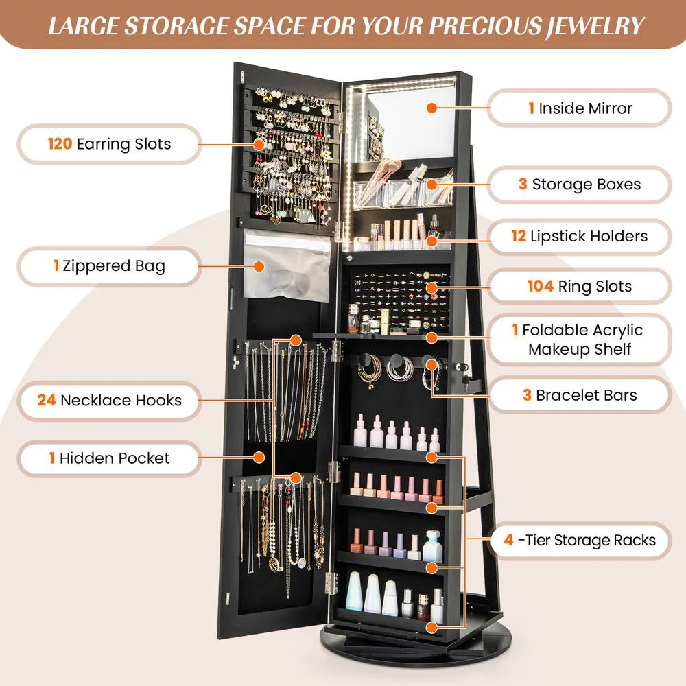 Costway Rotating Jewelry Armoire Freestanding Jewelry Cabinet with Full Length Mirror in Black 5