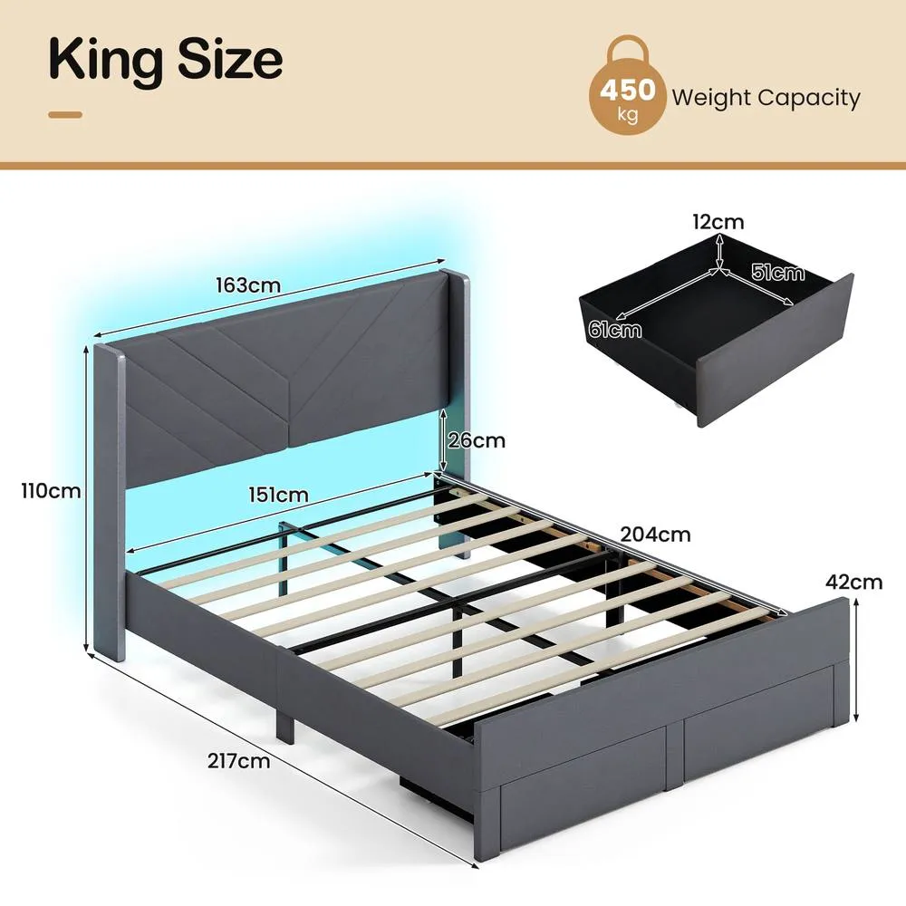 Costway King Size Bed Frame w/LED Lights Dutch Velvet Upholstered Platform Bed in Grey 2