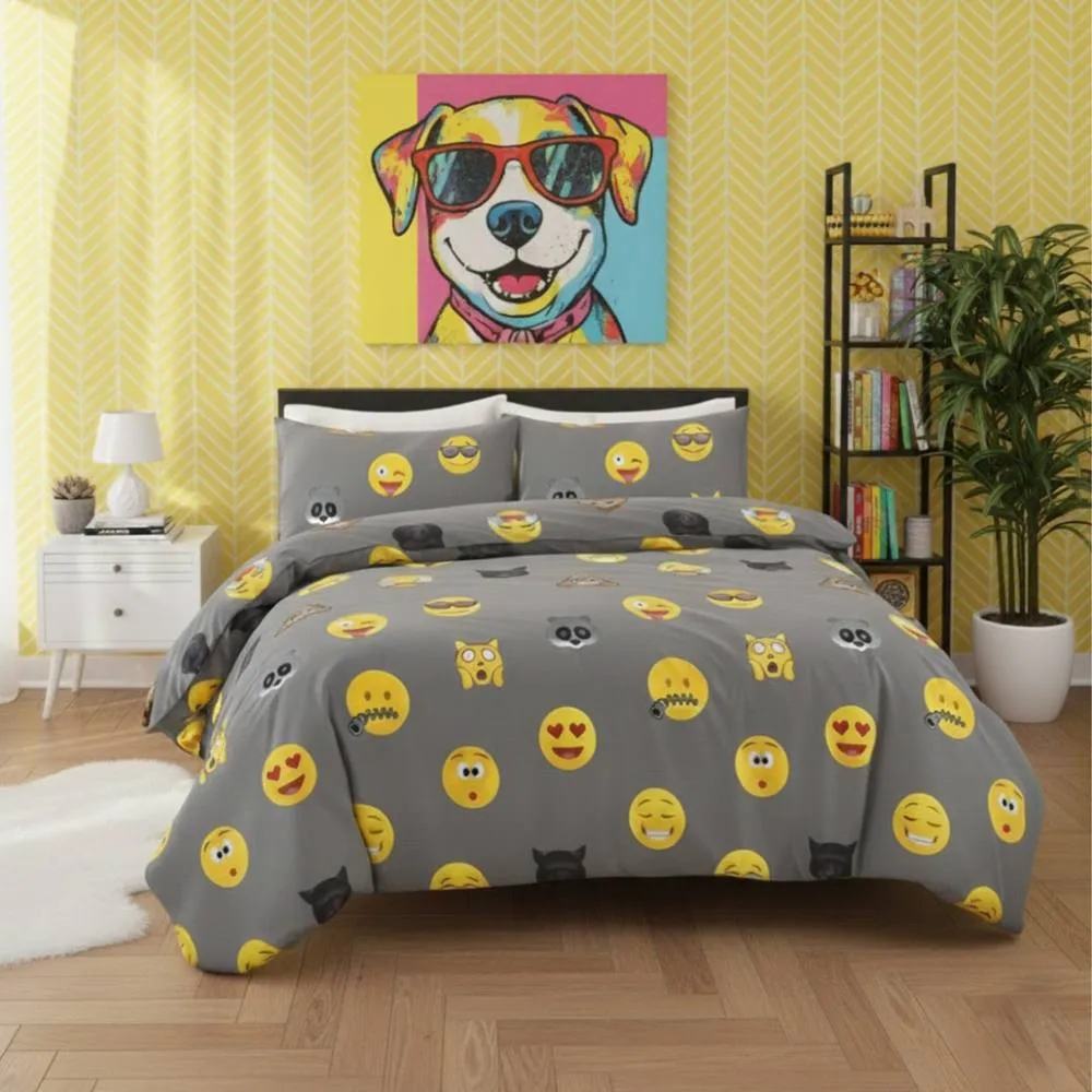 Snug City Emoji Print Duvet Cover Set Cool Playful Bedding with Pillowcases in Grey