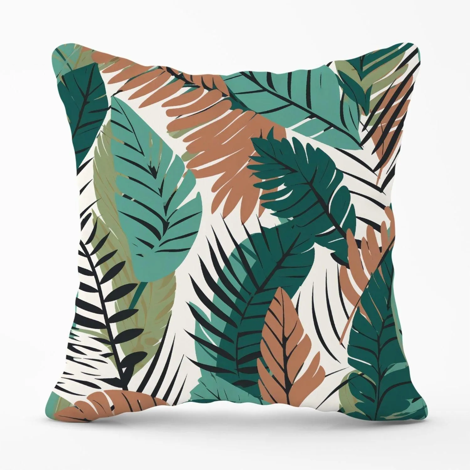 Warren Reed - Designer Tropical Floral Leaves Green Brown Outdoor Cushion