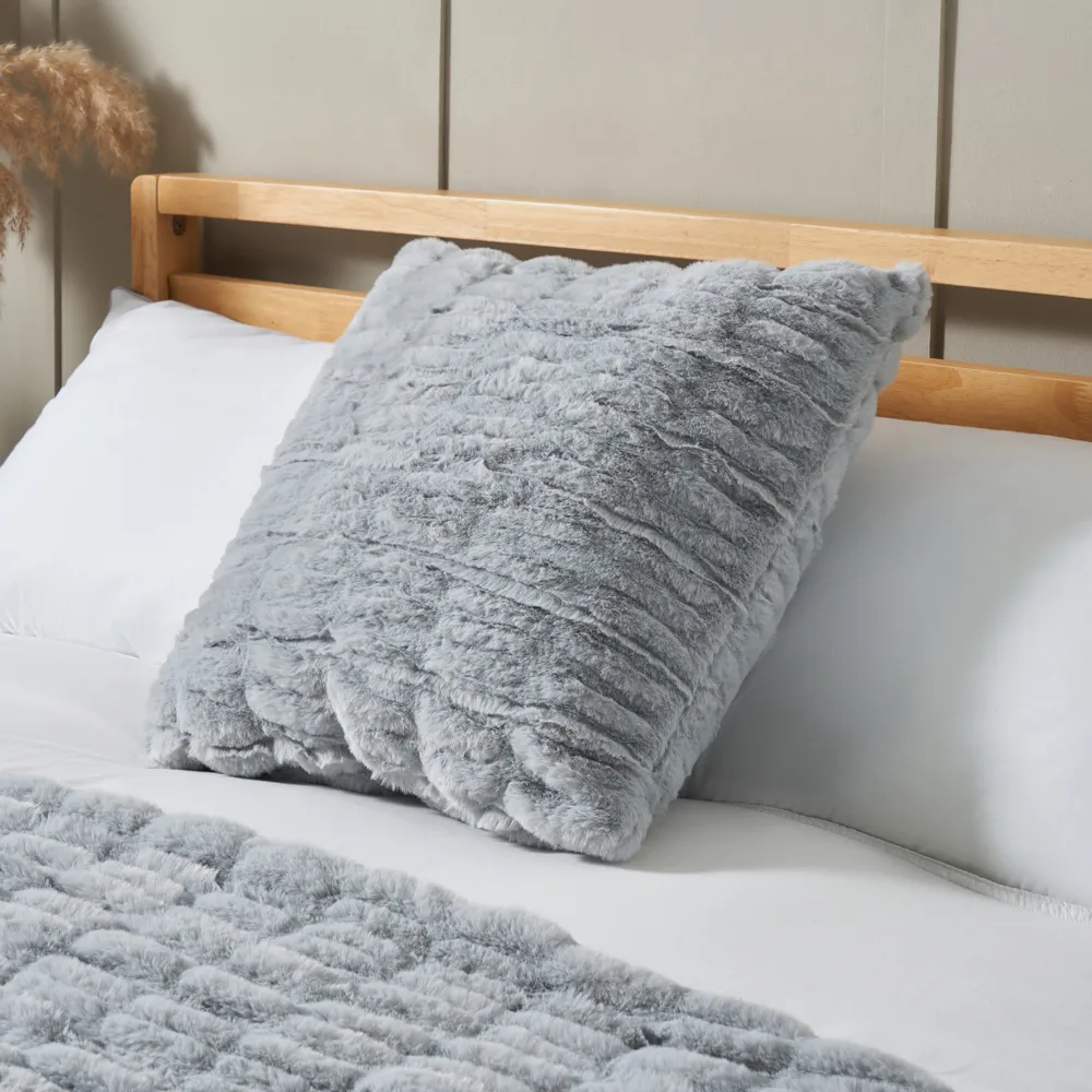 Ruched Faux Fur Cushion, Grey 1