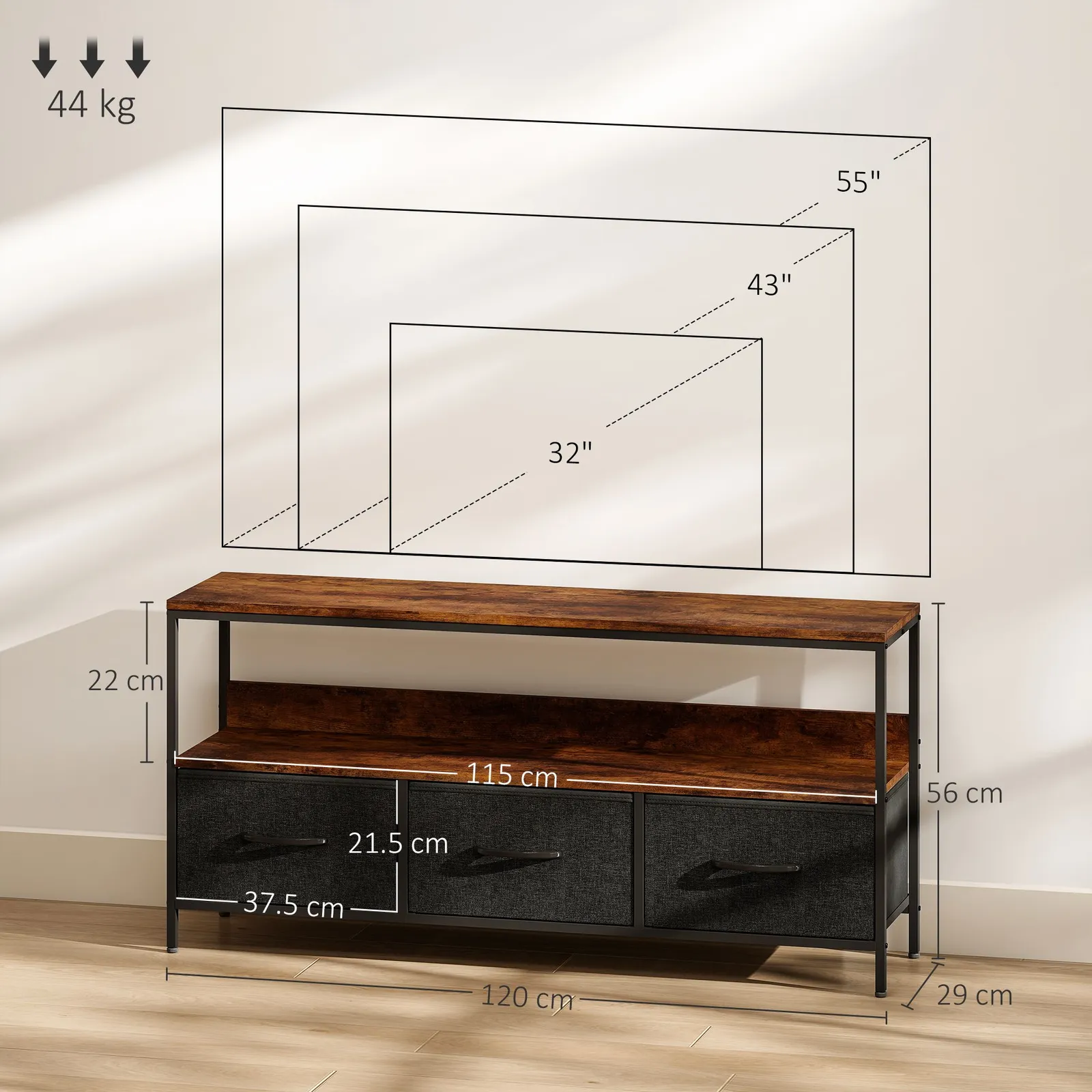 HOMCOM TV Cabinet, TV Console Unit with 3 Foldable Linen Drawers Brown 3