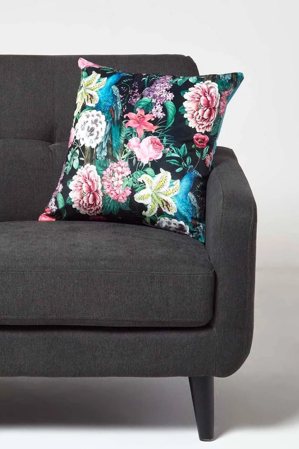 Homescapes Floral Peacock Black & Teal Filled Velvet Cushion 46 x 46 cm 2