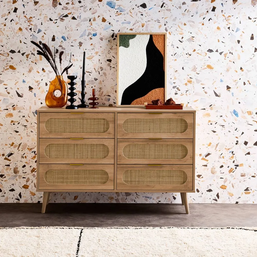 sweeek Wood & Rounded Cane Chest Of Drawers 6 Drawers in Light Brown 4