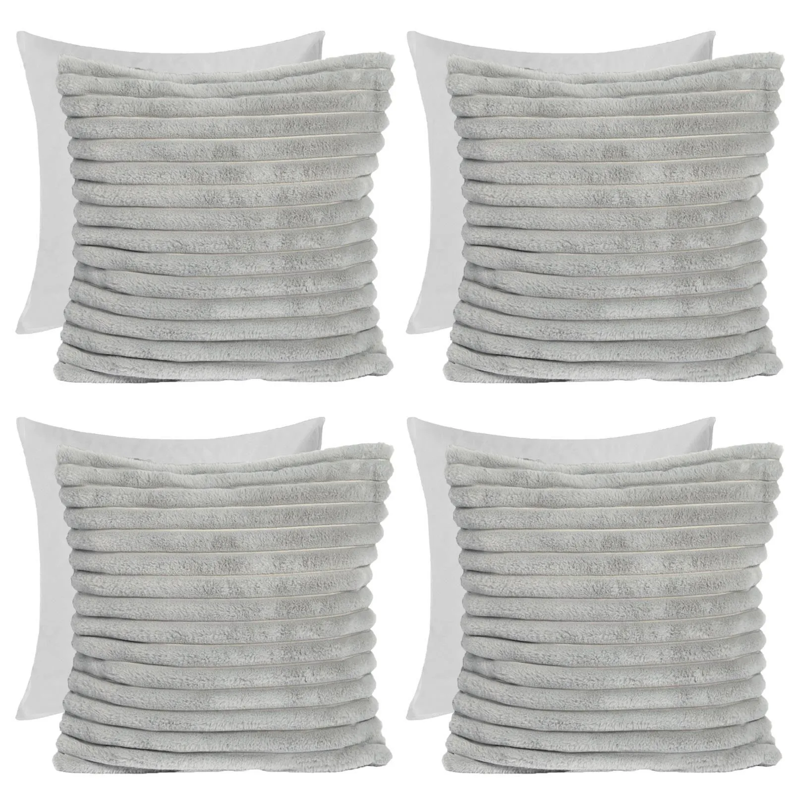 OHS 4 x Faux Fur Thick Rib Filled Cushion Covers in Light Grey