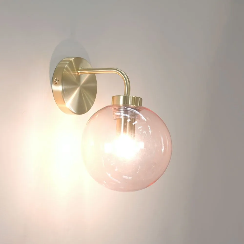 ValueLights Frenchie Pink Tinted Glass Globe Single Gold Stem Wall Light