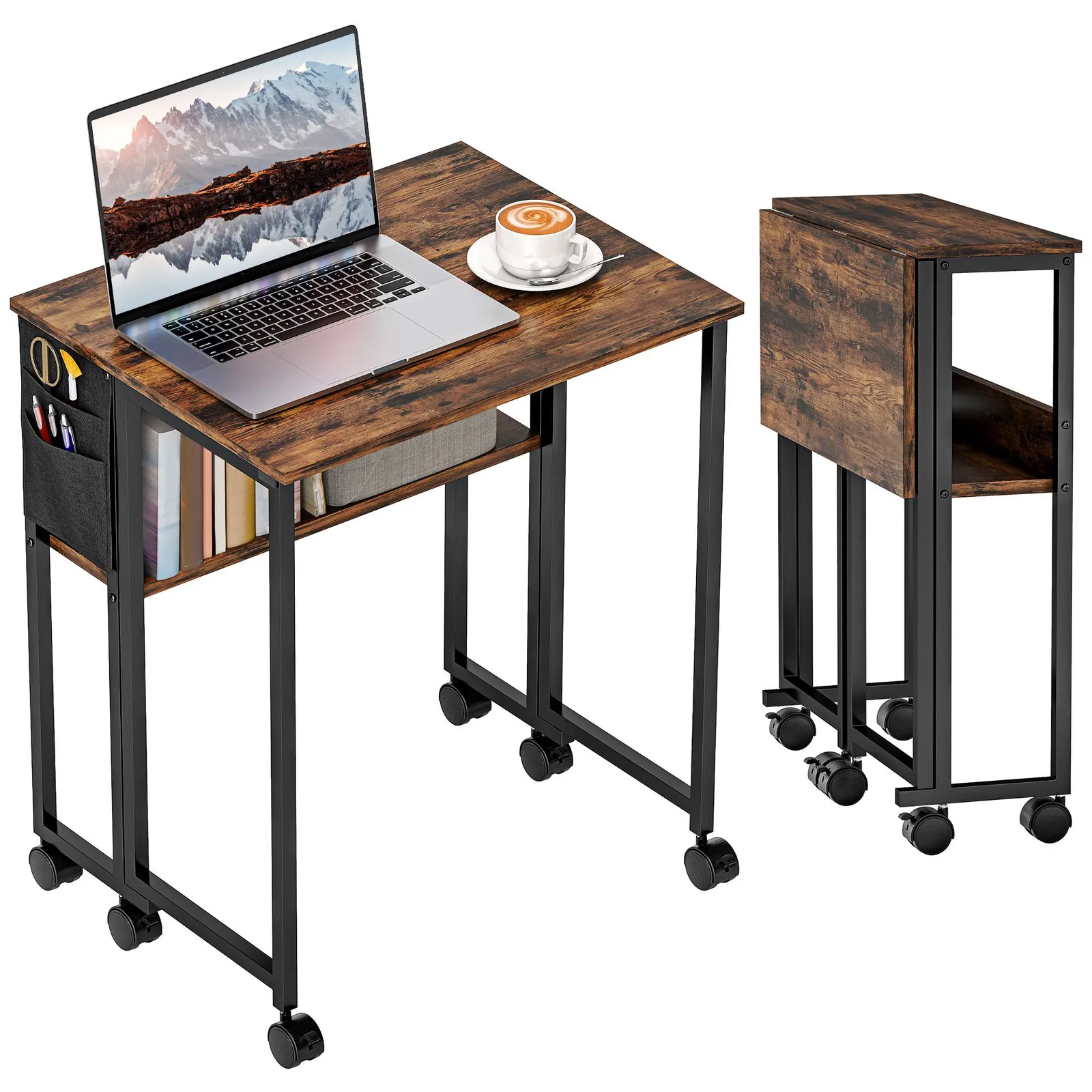 HOMCOM 63 cm Foldable Computer Desk on Wheels for Small Spaces Rustic Brown 2