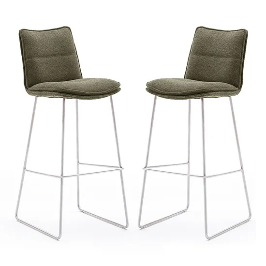 Ciko Olive Fabric Bar Stools With Brushed Legs In Pair