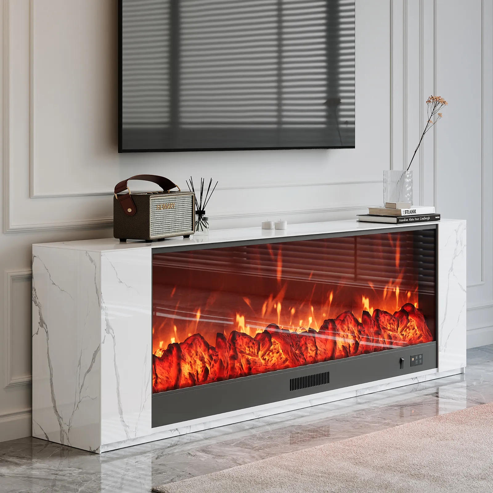 180 cm Modern White Sintered Stone Electric Fireplace TV Stand with Remote Control Temperature Adjustable