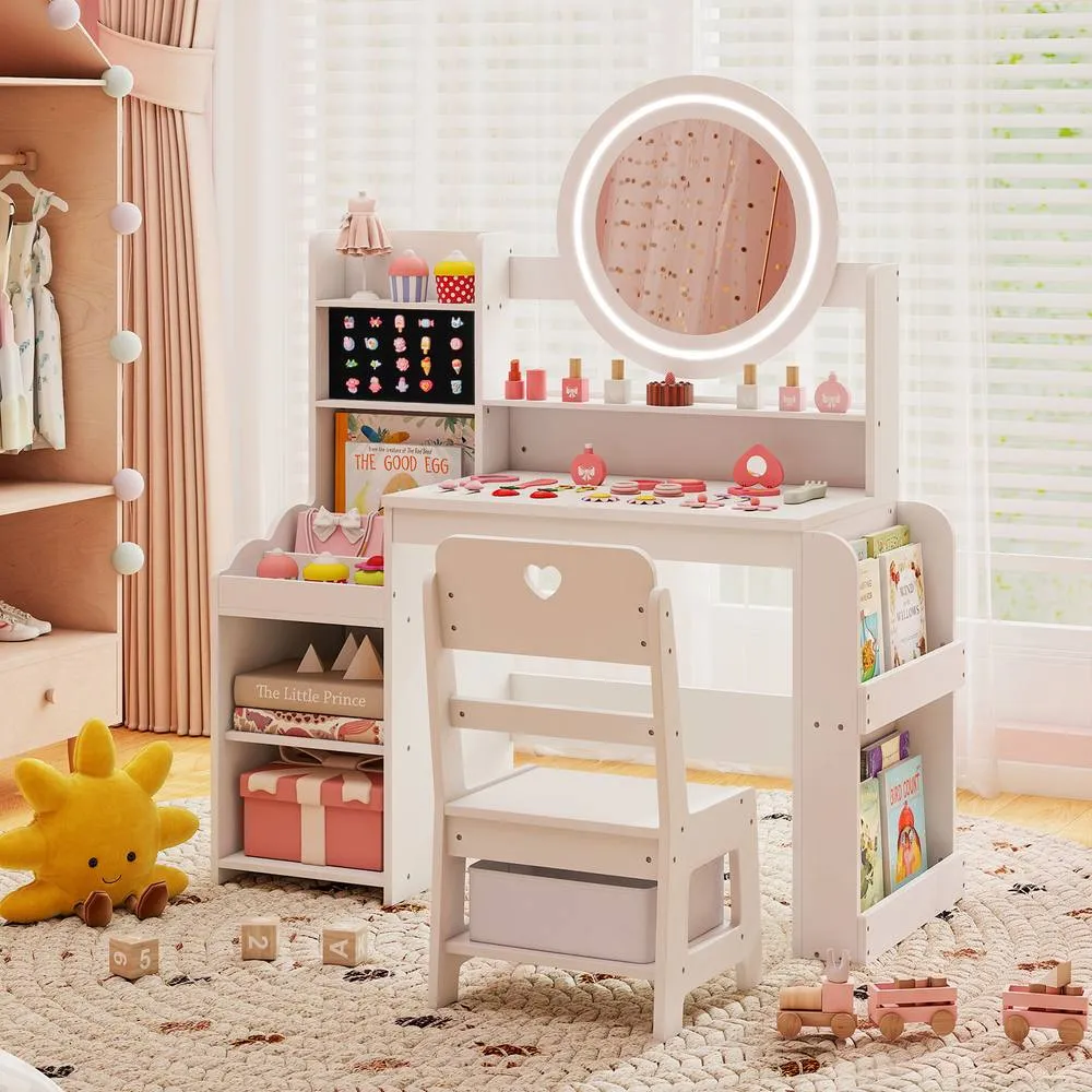 Costway Princess Pretend Play Dressing Table & Chair Set with Open Storage in White 5