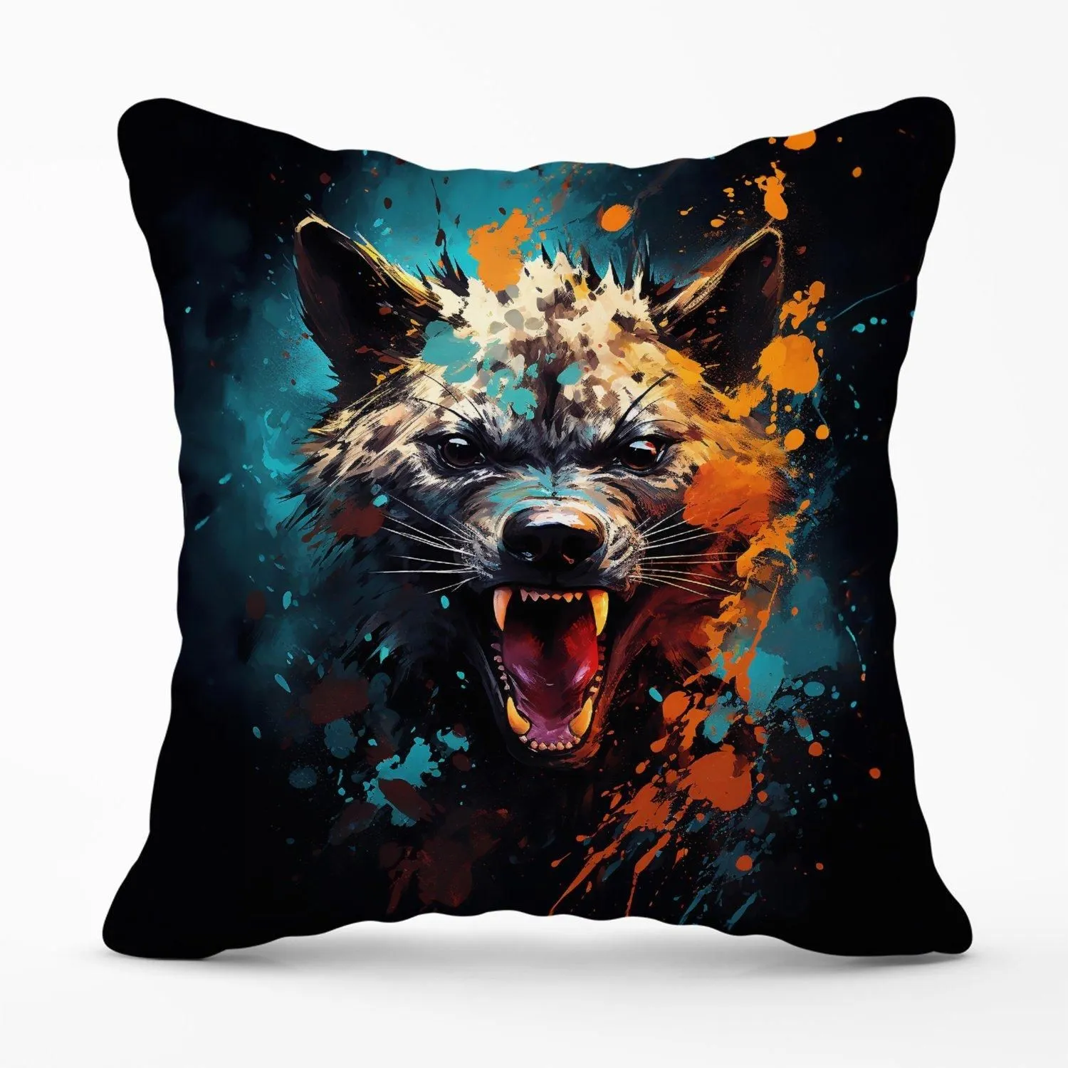 Warren Reed - Designer Splashart Angry Hyena Face Outdoor Cushion in Blue