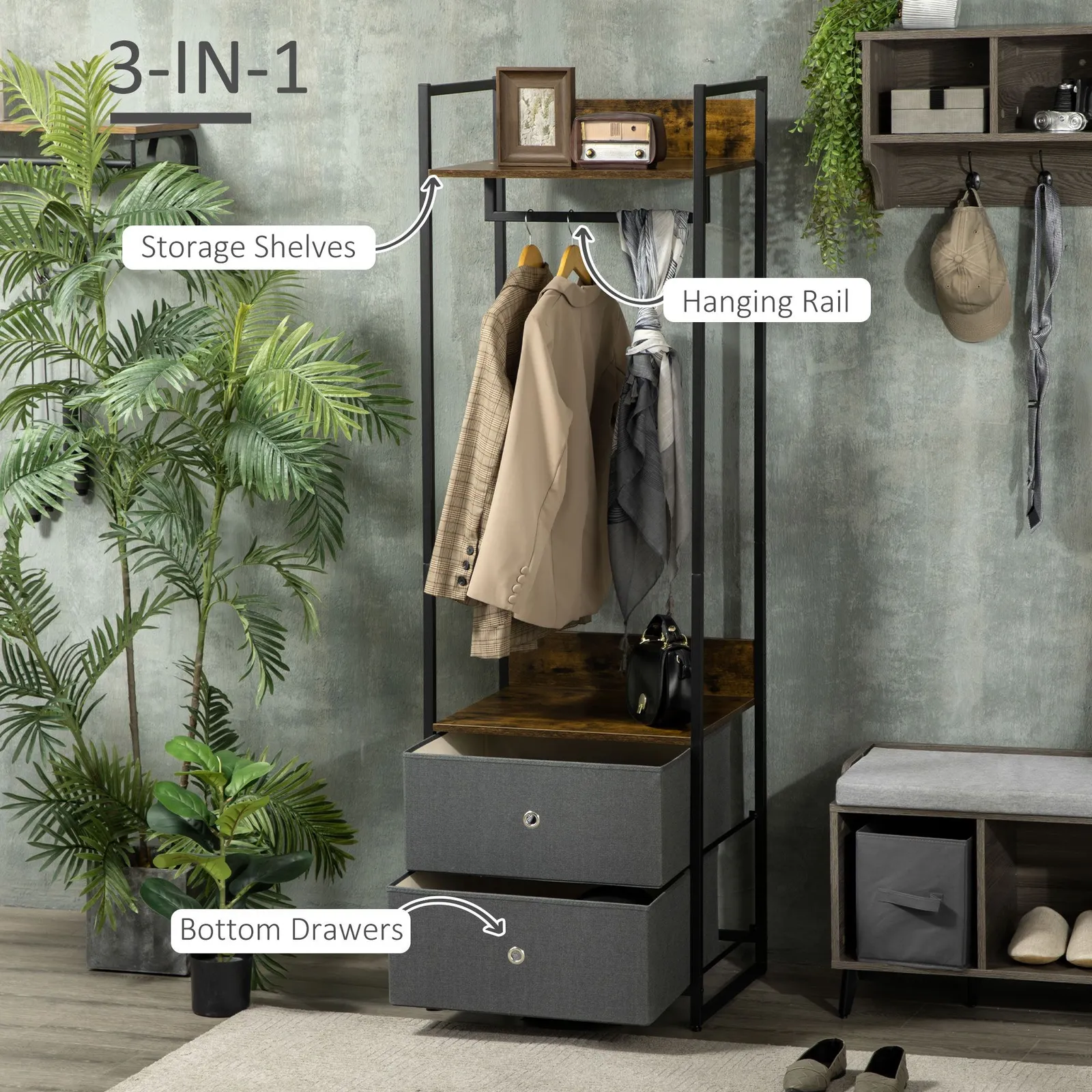 HOMCOM Industrial Clothes Rail Garment Rack with 2 Fabric Drawers Rustic Brown in Dark Brown 4