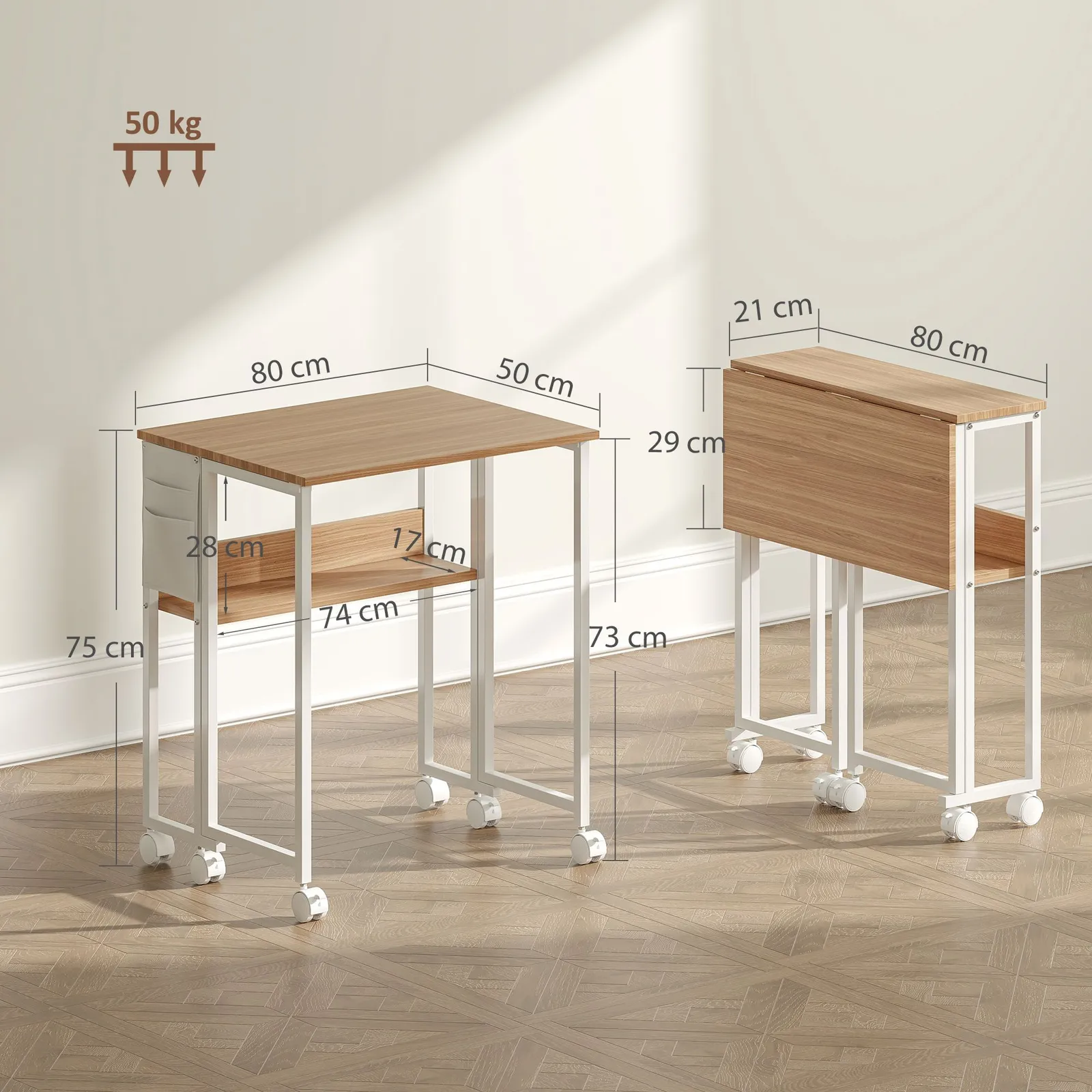 HOMCOM 80 cm Foldable Computer Desk on Wheels for Small Spaces Natural 3