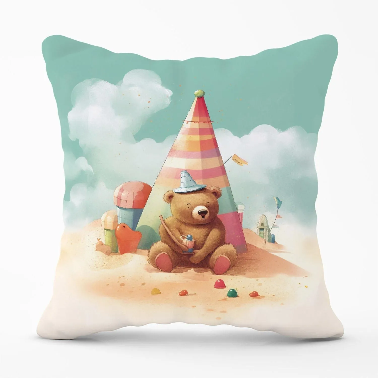 Warren Reed - Designer A Bear On A Beach Holiday Outdoor Cushion in Yellow