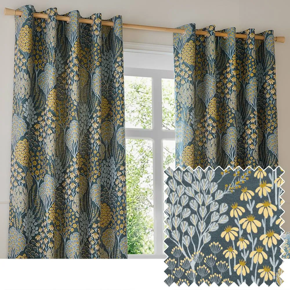 Wylder Ophelia Floral Room Darkening Eyelet Curtain Pair in Blue 1