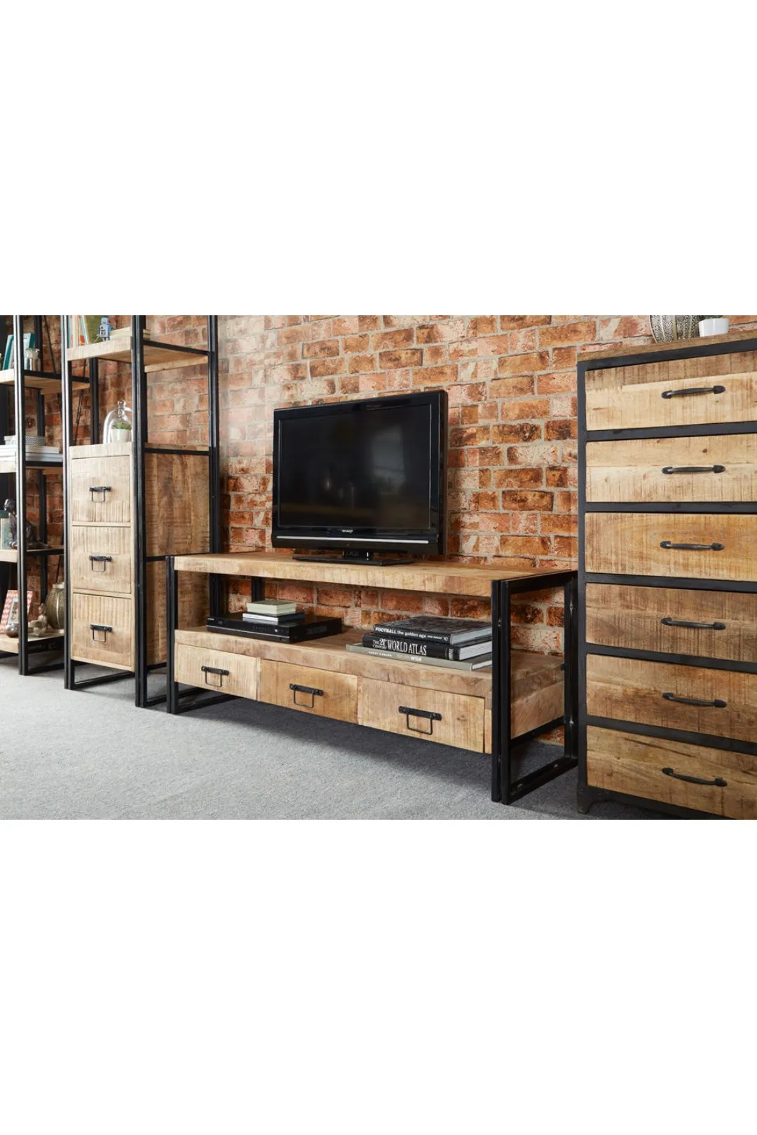 IH Design Franciscan Upcycled Industrial Vintage Mintis Large Tv Stand in Brown 2