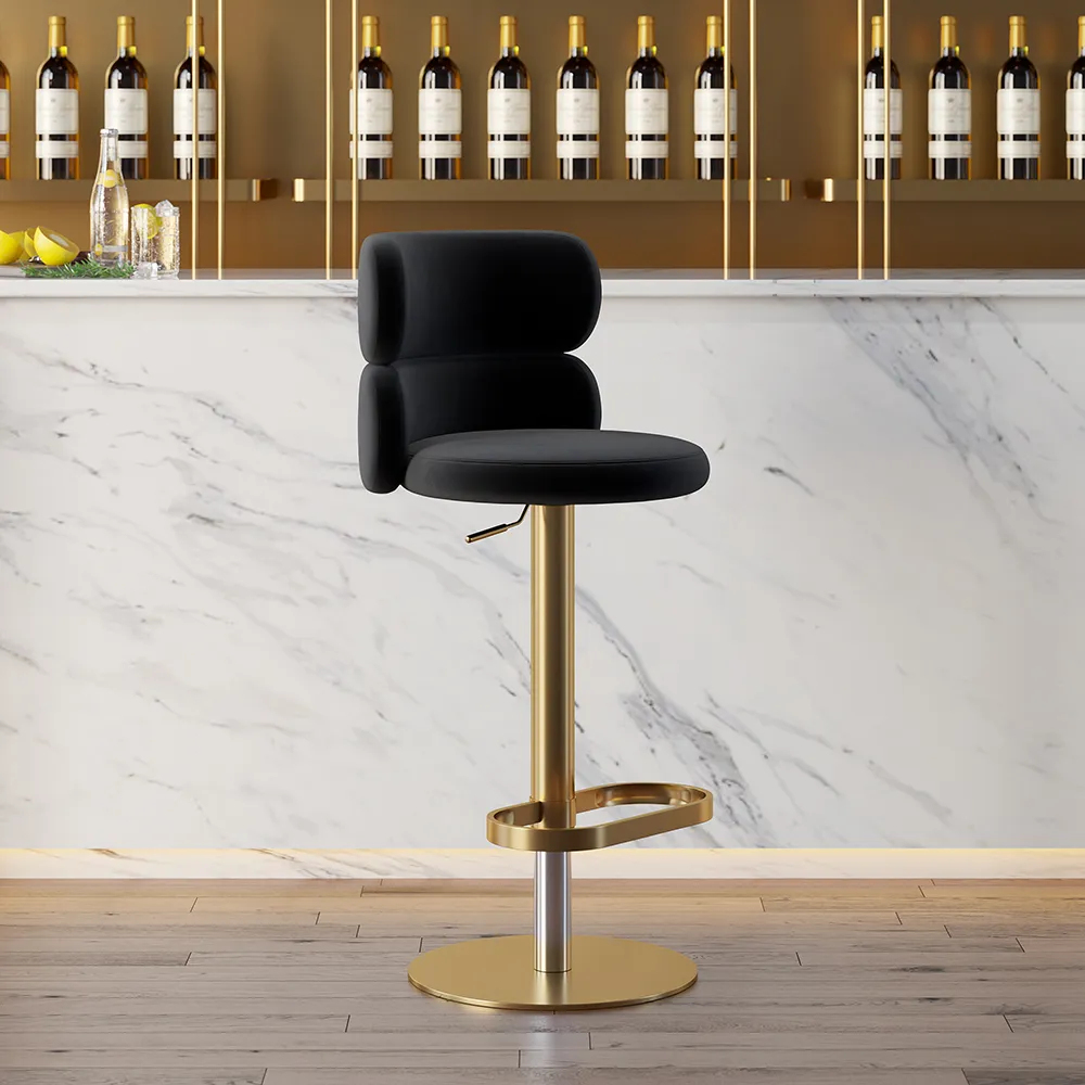 Modern Bar Stool Velvet Adjustable Height Swivel Black with Full Back Counter Stool