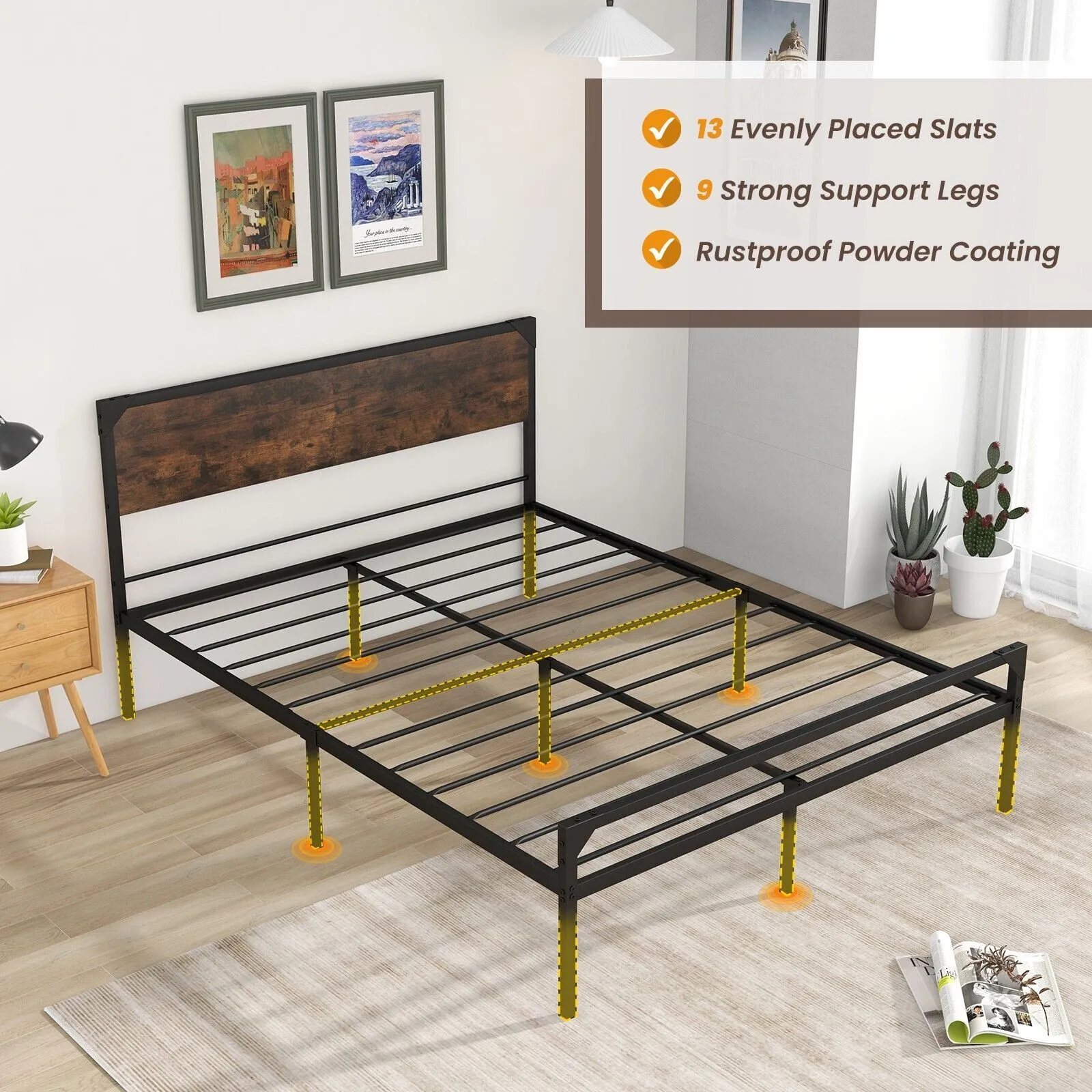 Costway King Bed Frame Industrial Metal Platform Bed with Headboard & Footboard in Brown 5