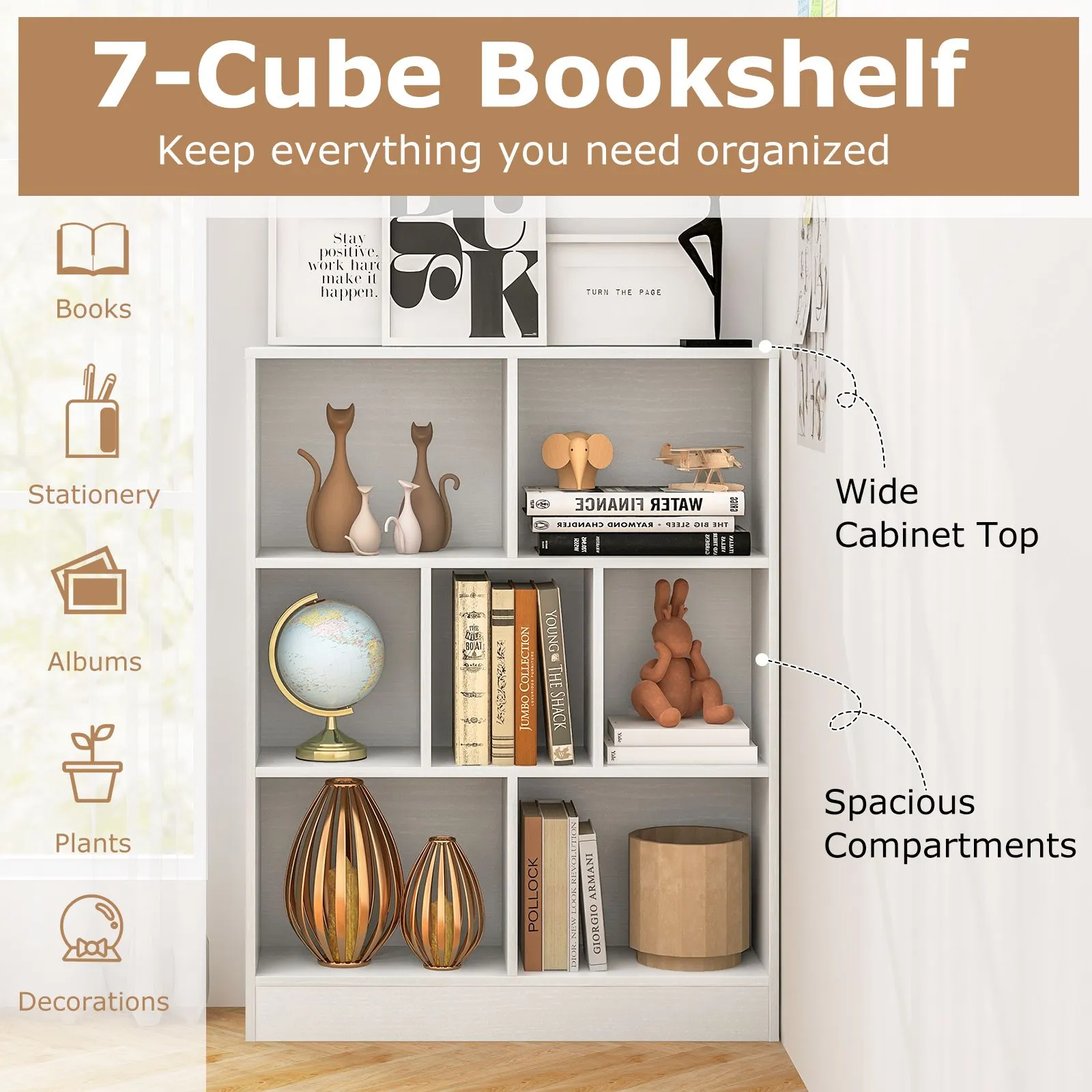 Costway 7-Cube Bookshelf 3-Tier Cubby Storage Organizer Wooden Cube Bookcase in White 5