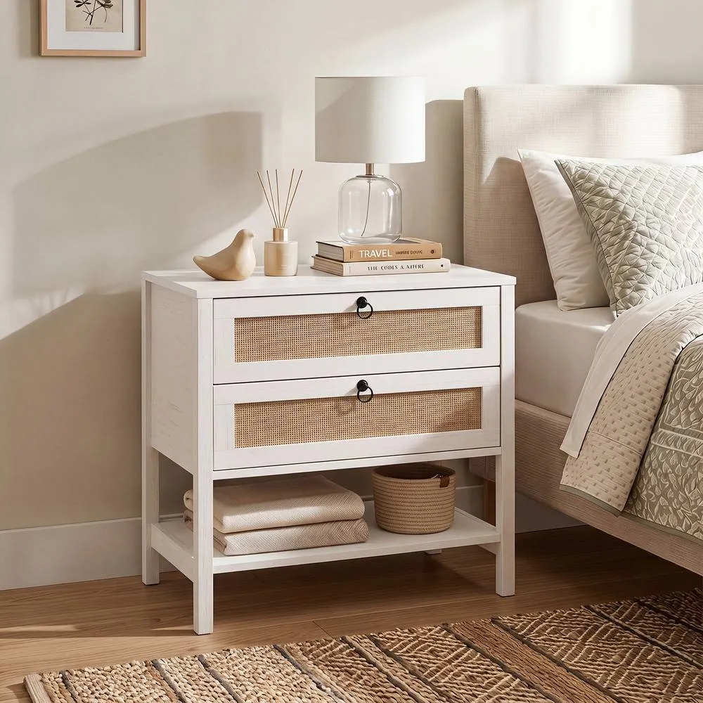 Costway Rattan Bedside Table with 2 Drawers 68cm Wide Boho Nightstand Oak Effect in White 3