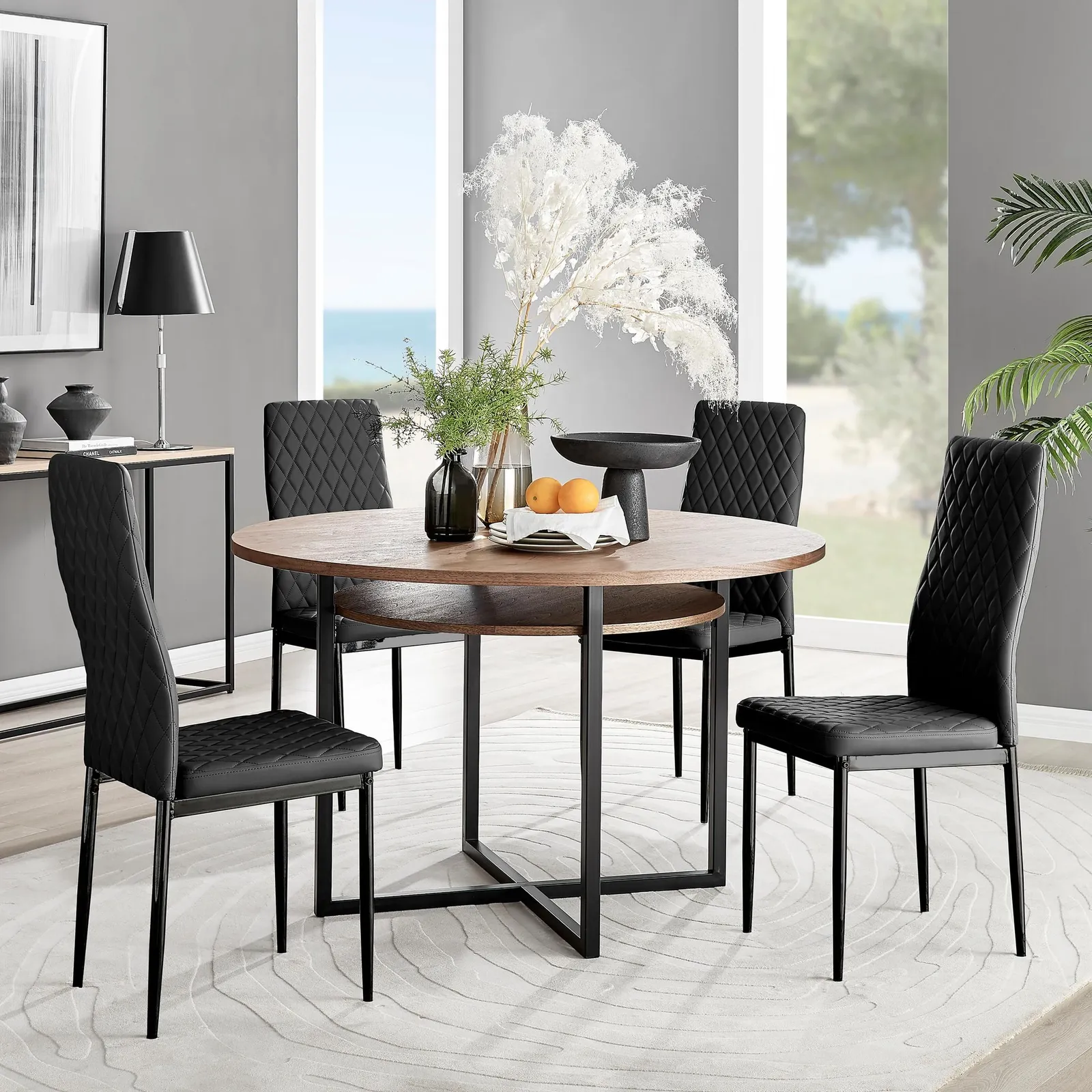 FurnitureboxUK Adley Brown Wood Storage Dining Table & 4 Milan Black Leg Chairs 1