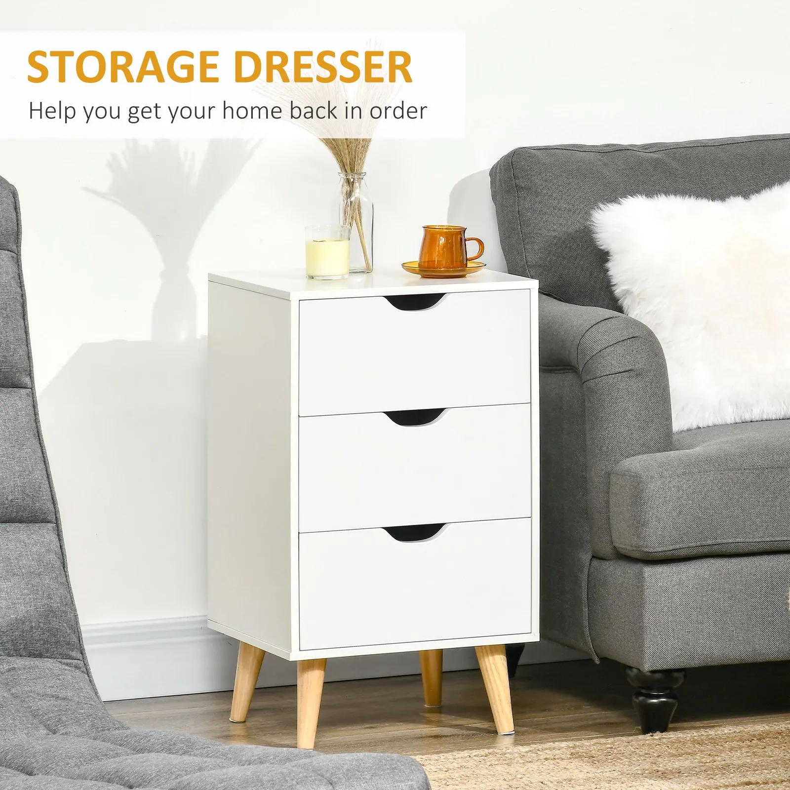 HOMCOM Chest of Drawers 3 Drawer Dresser Storage Cabinet Bedroom Living Room in White 4