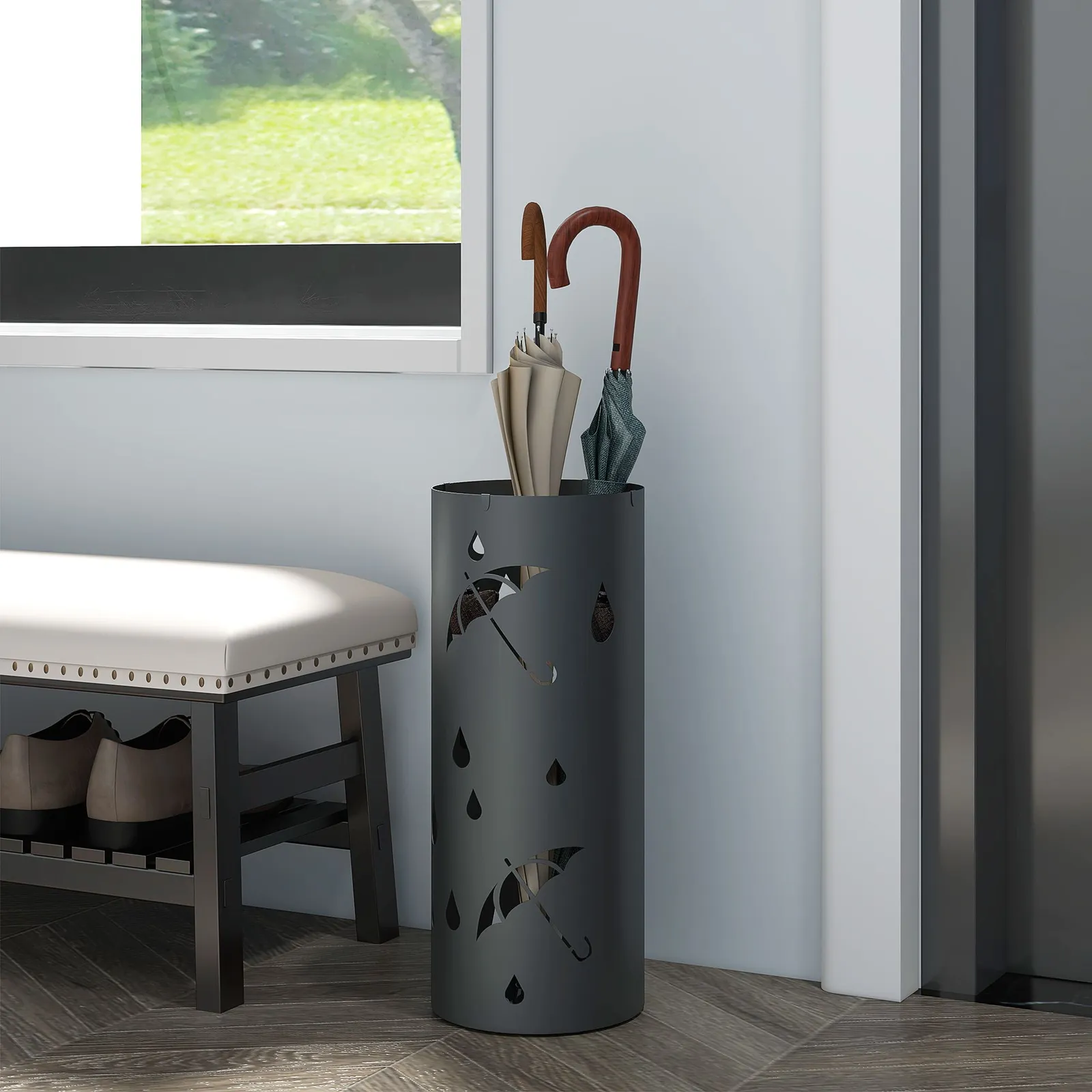 HOMCOM Round Umbrella Stand Umbrella Holder for Hallway with 4 Hooks in Dark Grey