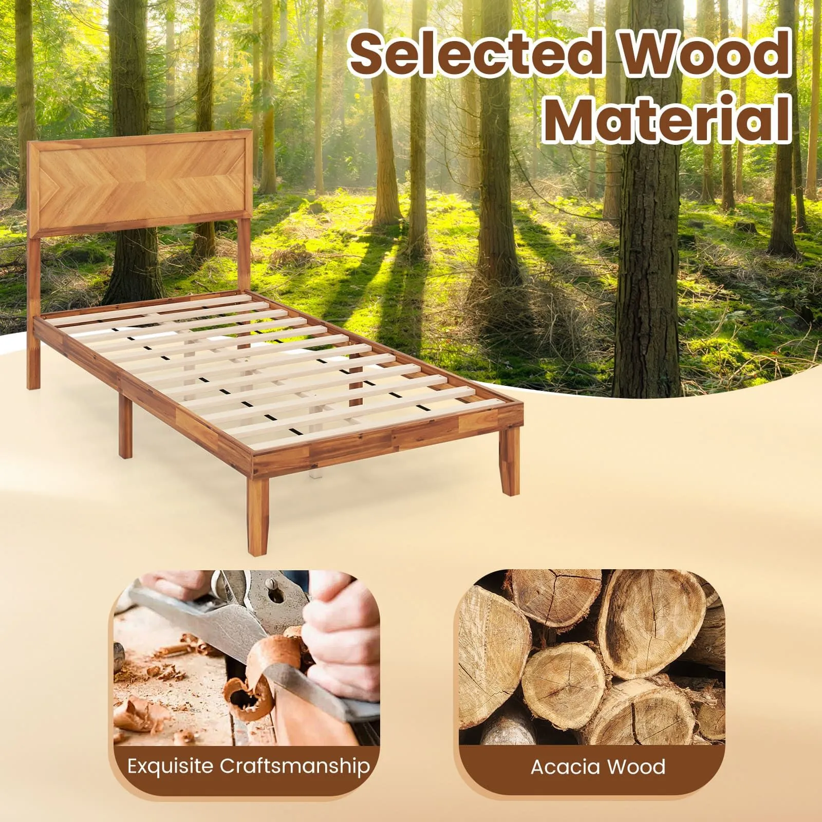 Costway Single Size Bed Frame Acacia Wood Platform Bed w/Headboard in Natural 5
