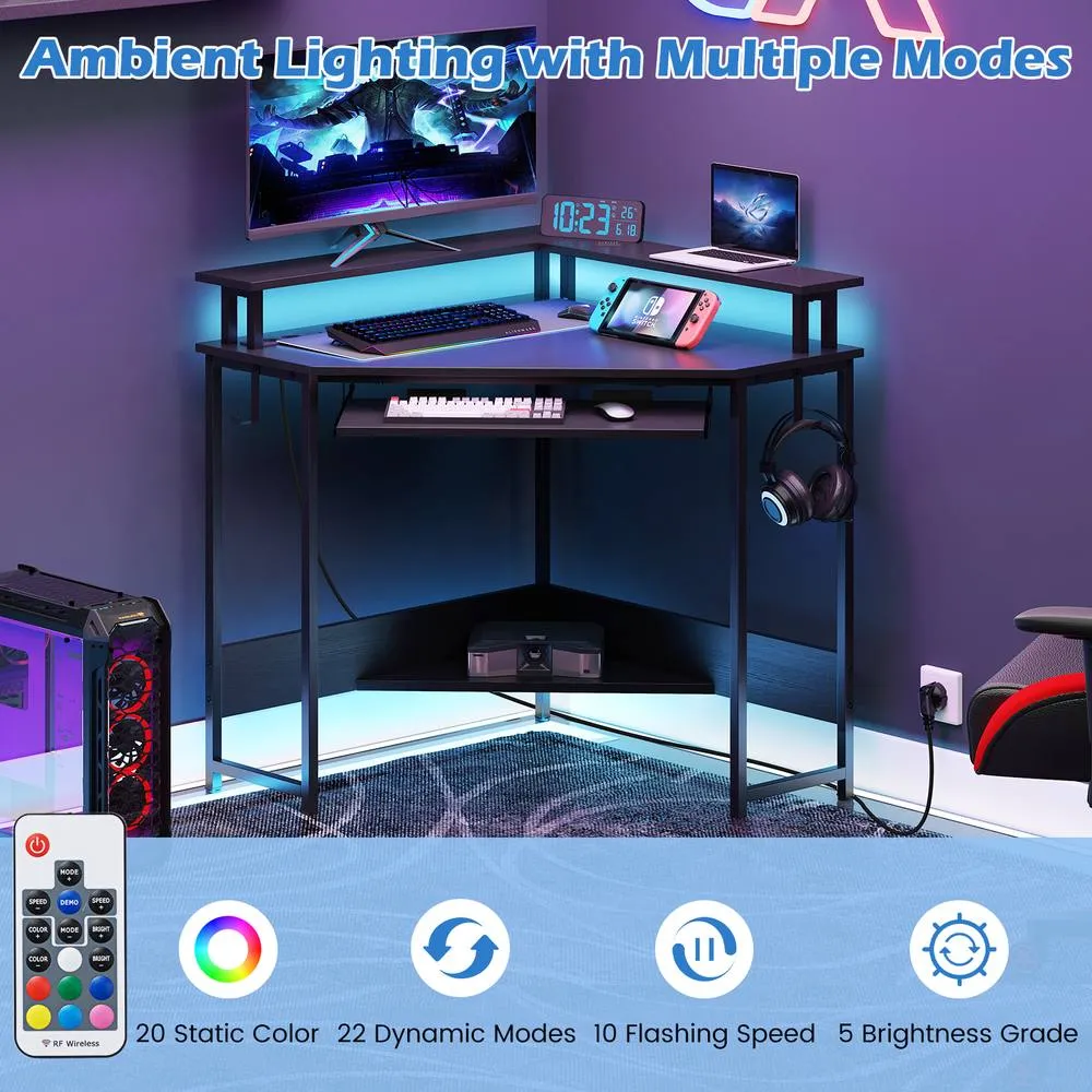 Costway Corner Desk Charging Station Home Triangle Gaming Desk LED in Black 3