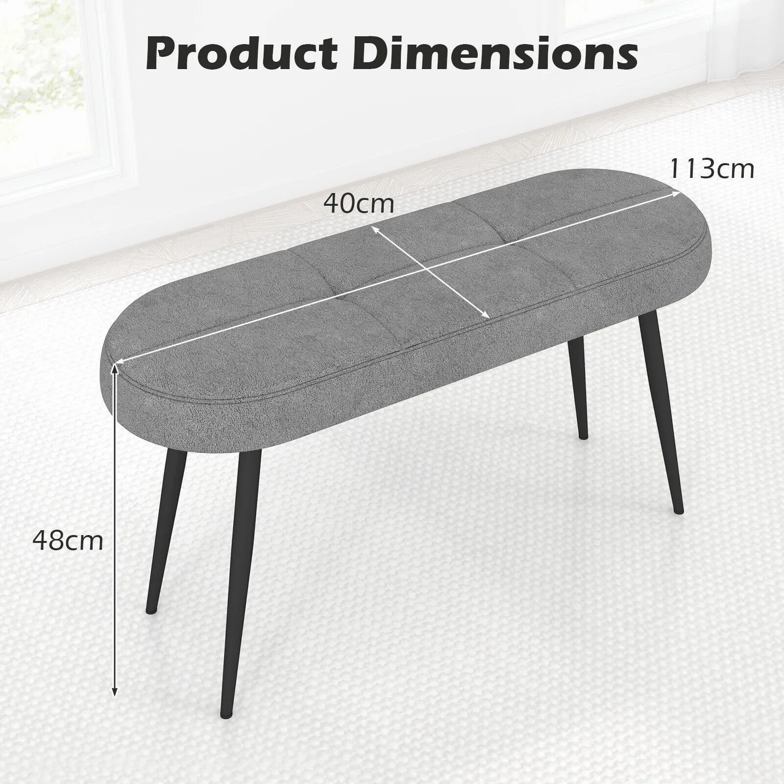 Costway 113 cm Ottoman Bench Bedroom Upholstered End of Bed Bench w/ Cushion in Grey 2
