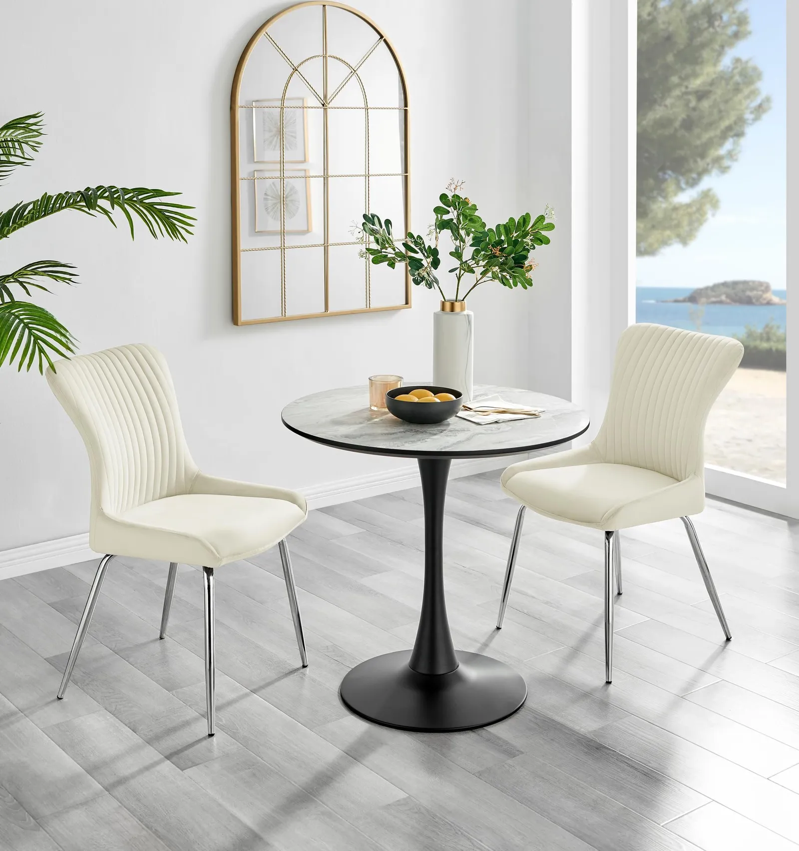 FurnitureboxUK Elina White Marble Effect Scratch Resistant Dining Table & 2 Nora Silver Leg Velvet Chairs in Cream 1