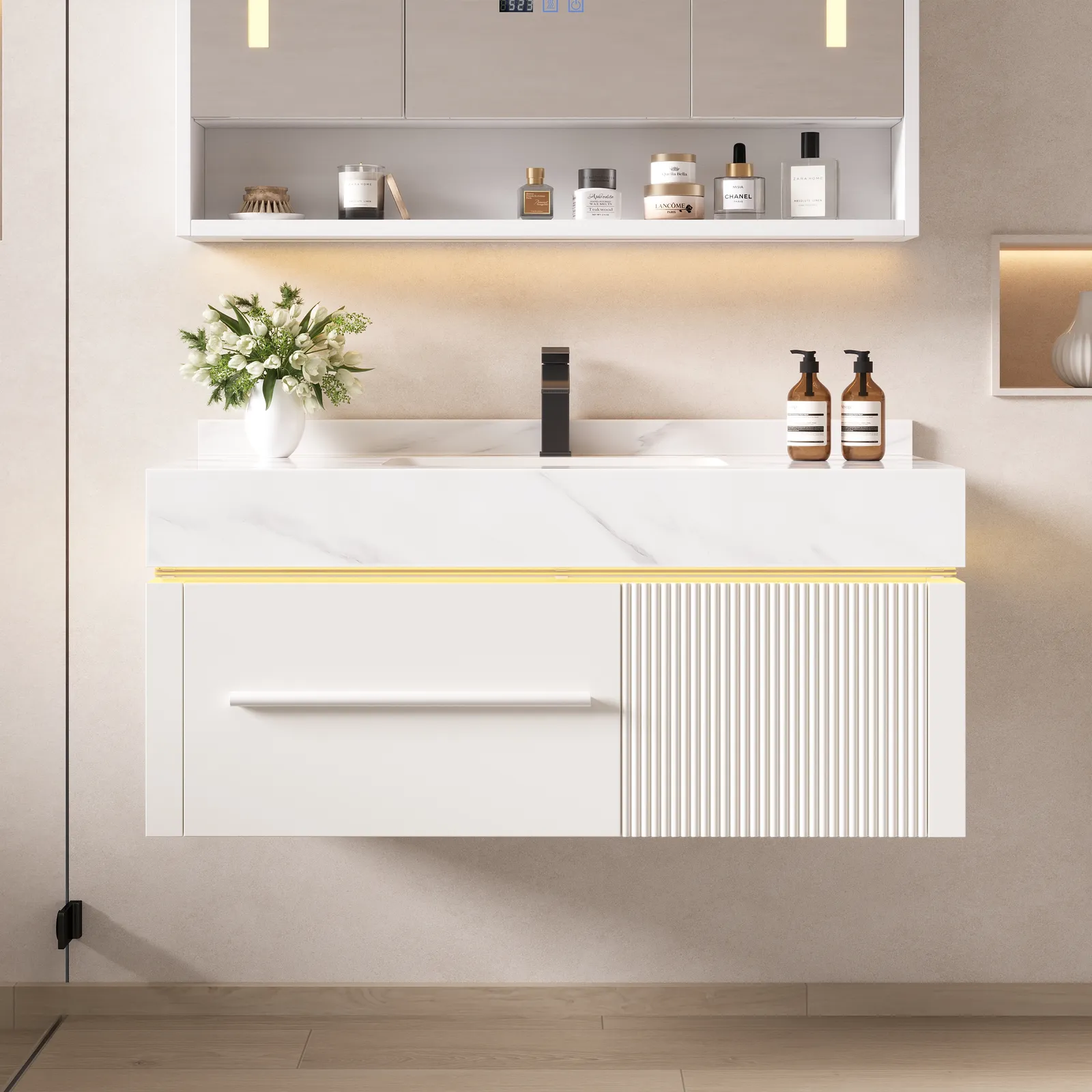 100 cm Wall-Mounted Bathroom Vanity with Sintered Stone Top, LED Sensor Light