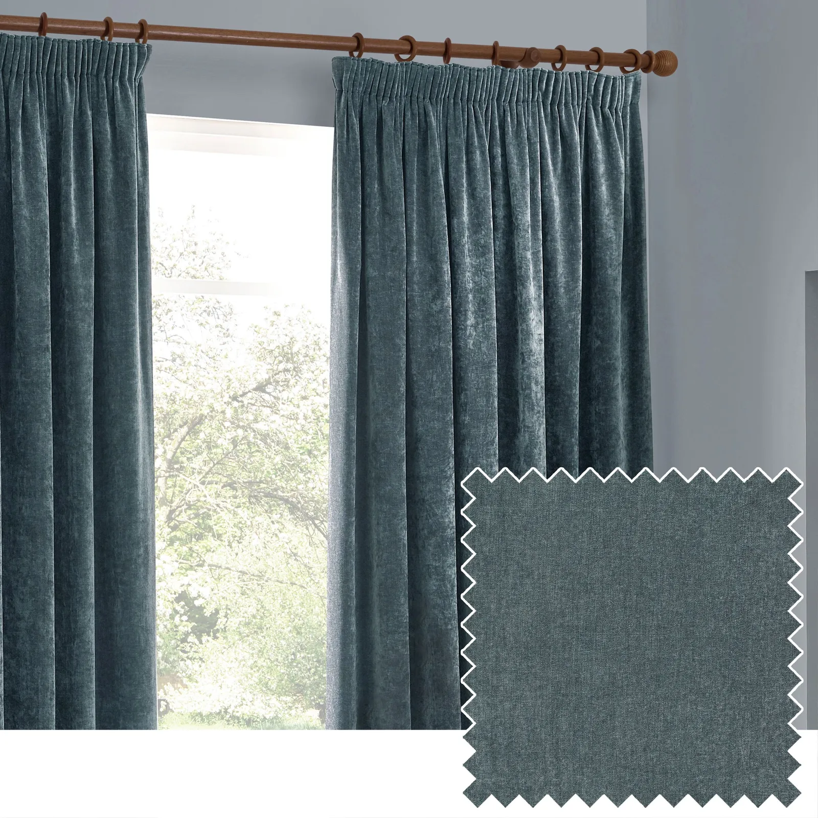Yard Heavy Chenille Velvet Room Darkening Pencil Pleat Curtain Pair in Blue 1
