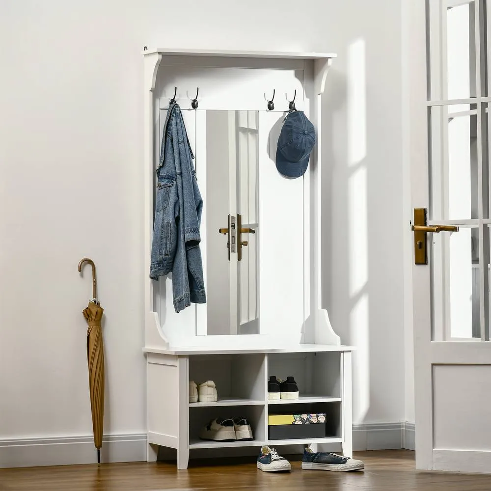 HOMCOM Hallway Furniture Set Shoe Bench Storage Mirror Cabinet Coat Rack in White 2
