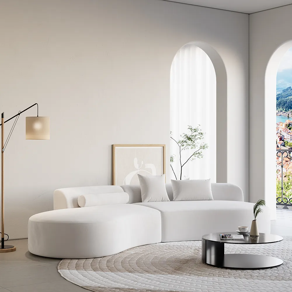 2780mm 2-Piece Curved Velvet Sectional Sofa with Pillows