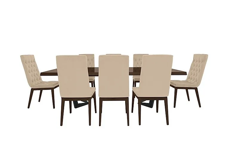 Palazzo 200cm Extending Dining Table in Dark Walnut with 8 Capitonne Buttoned Chairs - Aquos Cream