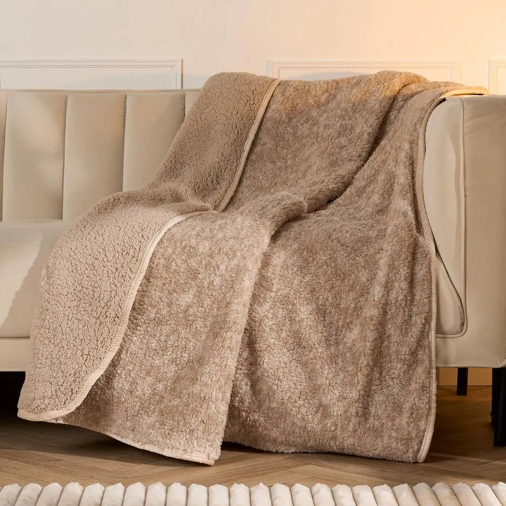 OHS Teddy Fleece Blanket Soft Marl Binded Throw in Natural