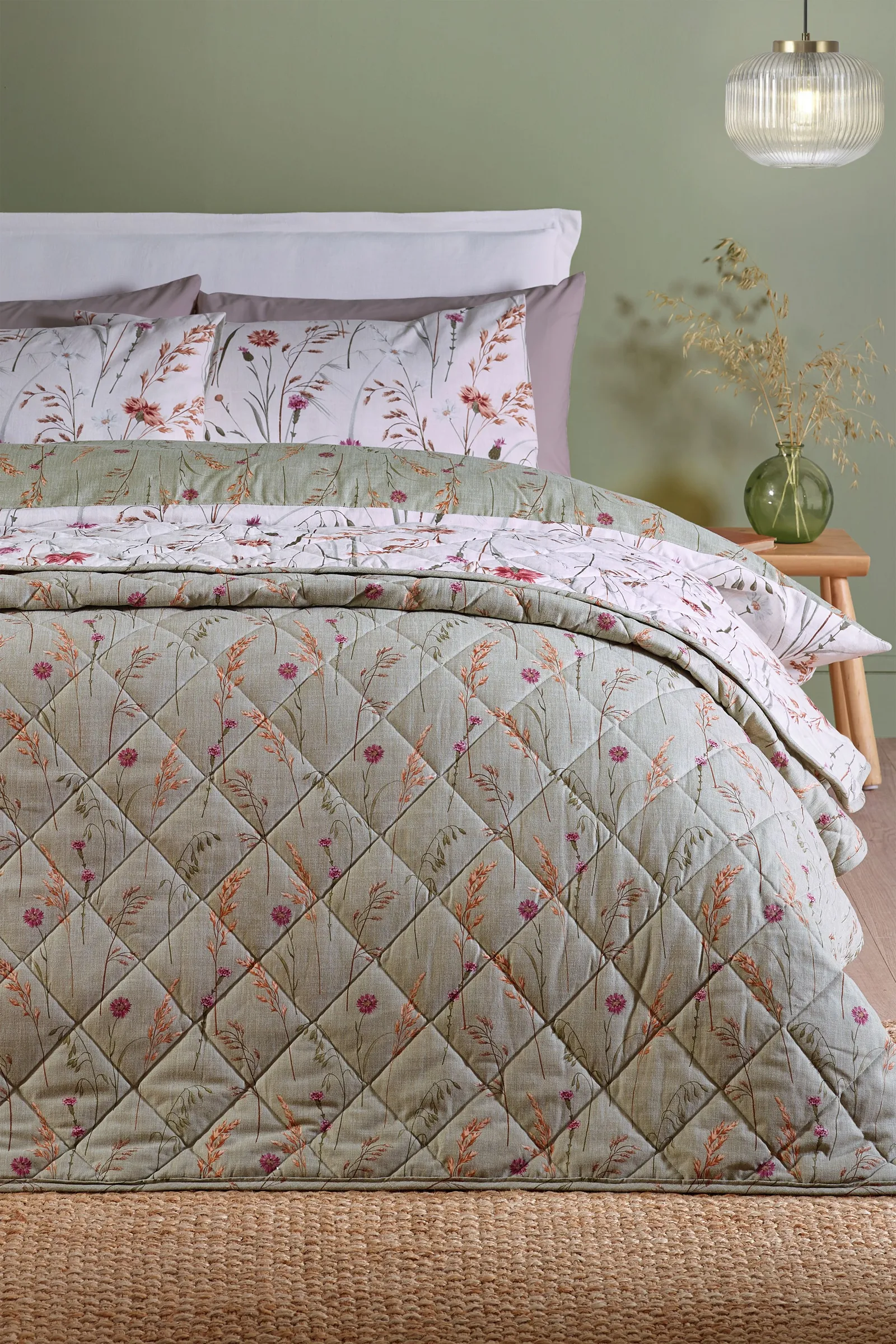Catherine Lansfield 'Brushed Grasmere Floral' Cotton Reversible Quilted Bedspread in Green 2