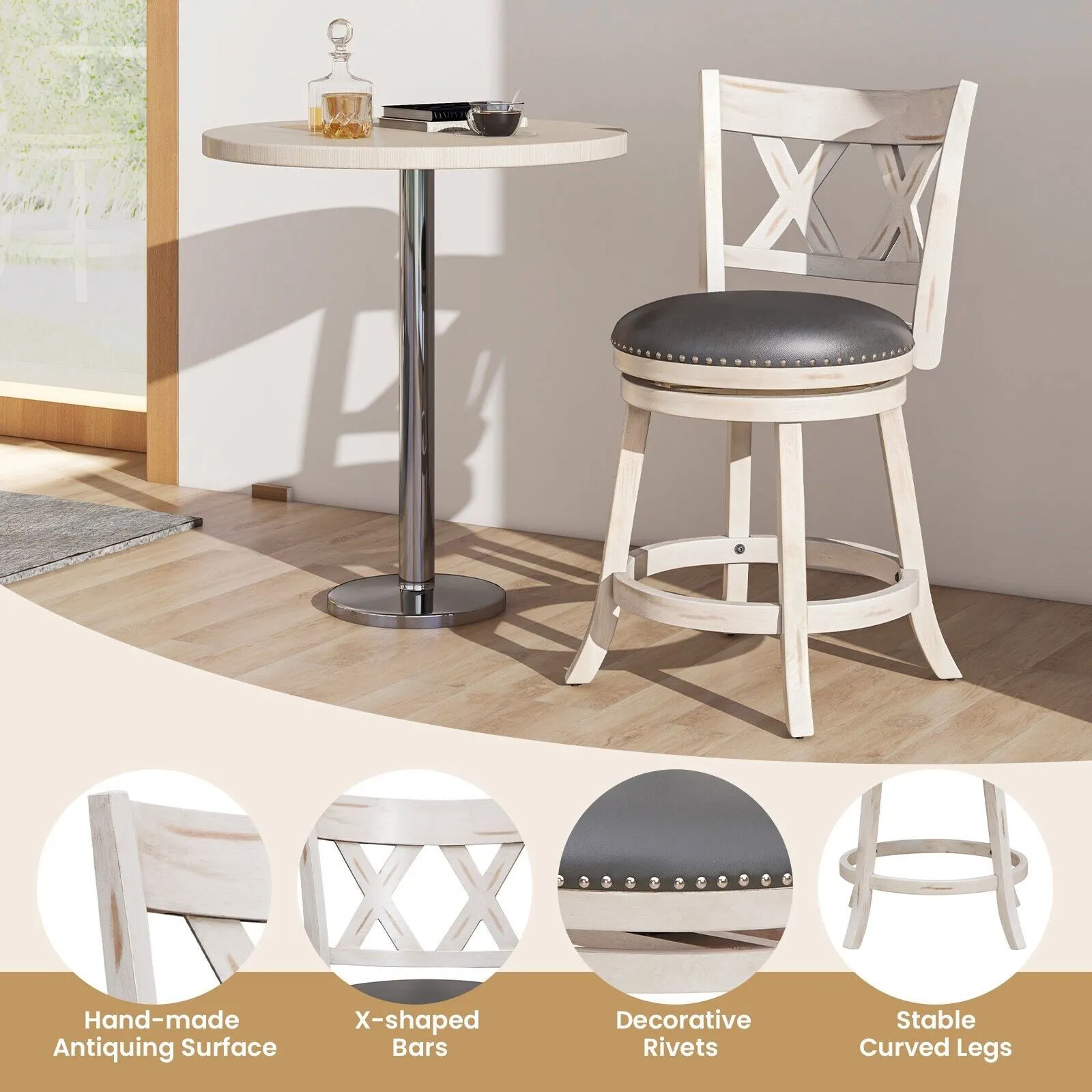 Costway Set of 2 Bar Stools Counter Height Chair Pub 360 Swiveling Upholstered Seat 24" in White 6