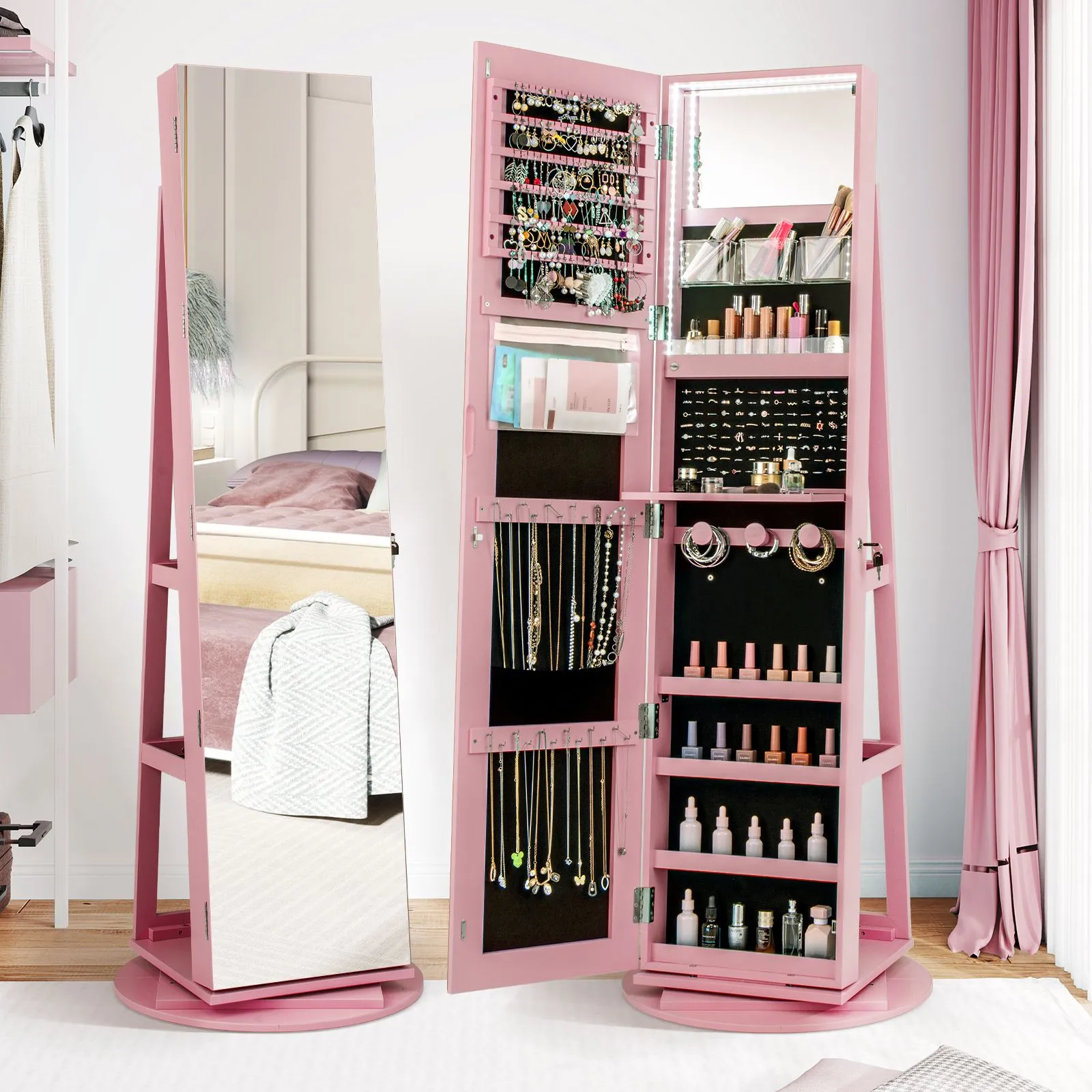 Costway 360° Rotating Jewelry Armoire Standing Jewelry & Makeup Cabinet in Pink 5
