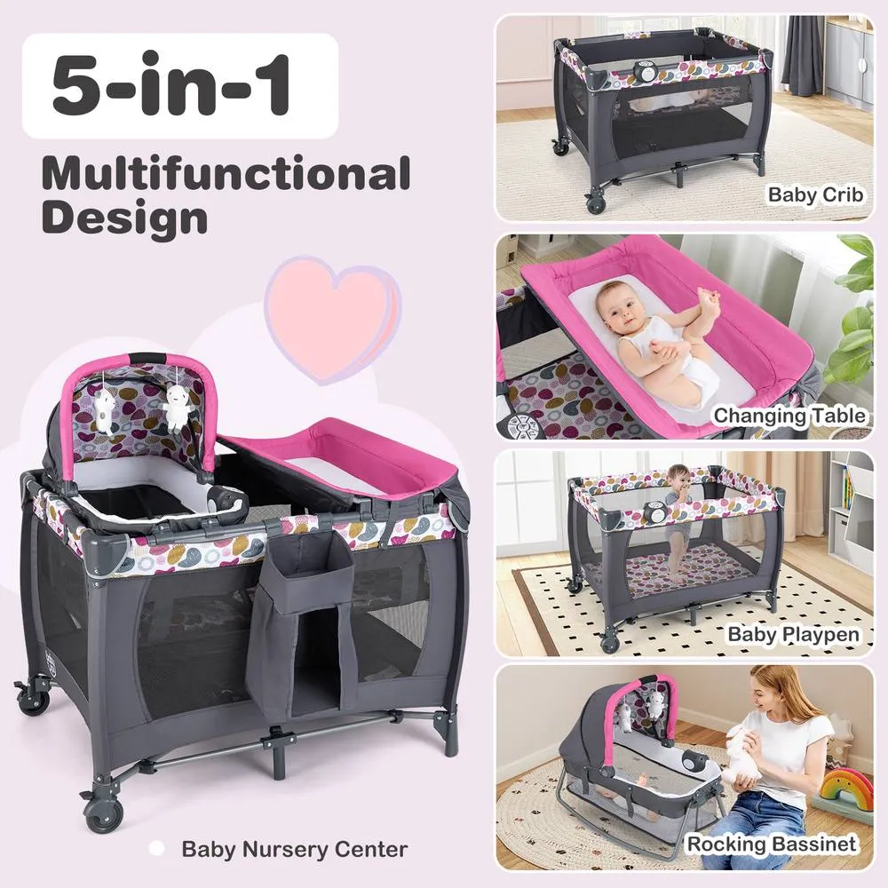 Costway Foldable Pack &Play Portable Baby Playard w/Rocking Bassinet&Music Box in Pink 3