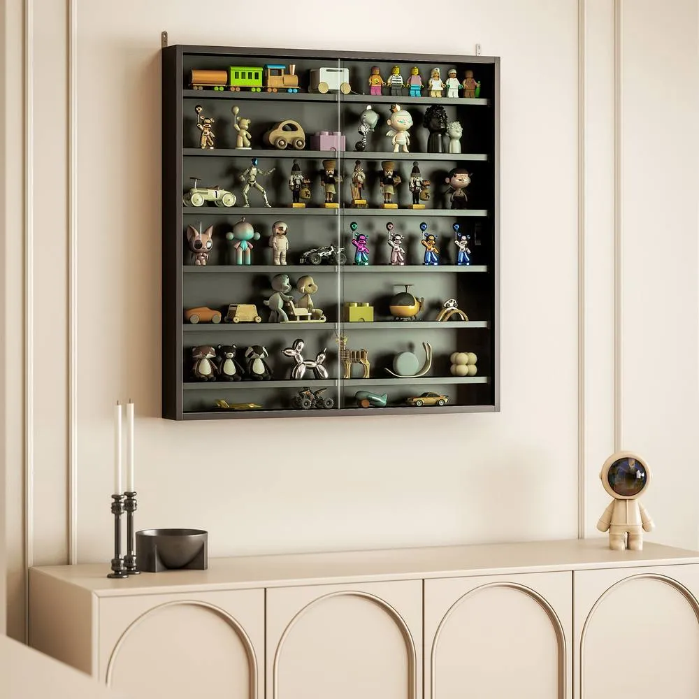 HOMCOM 7-Tier Wall Display Cabinet w/ Adjustable Shelves Glass Doors in Black 1