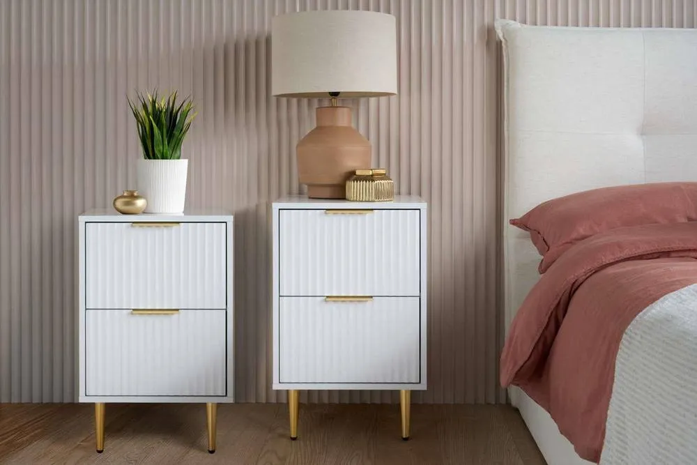Birlea Pair of Zaza White Bedside Cabinet 2 Drawer Fluted Chest