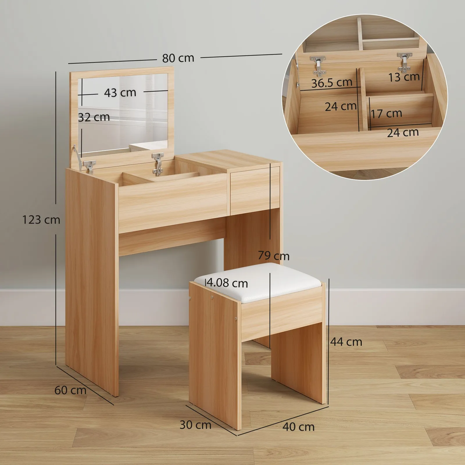 HOMCOM Dressing Table Set Cushioned Stool Flip-up Mirror Drawer Chipboard in Natural 3