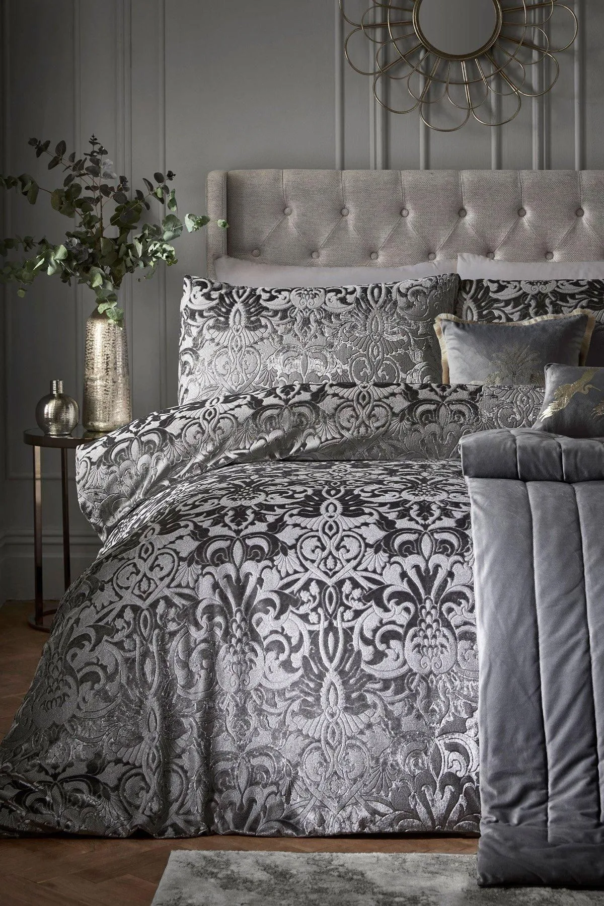 Laurence Llewelyn-Bowen 'Firenza' Damask Velvet Duvet Cover Set in Dark Grey
