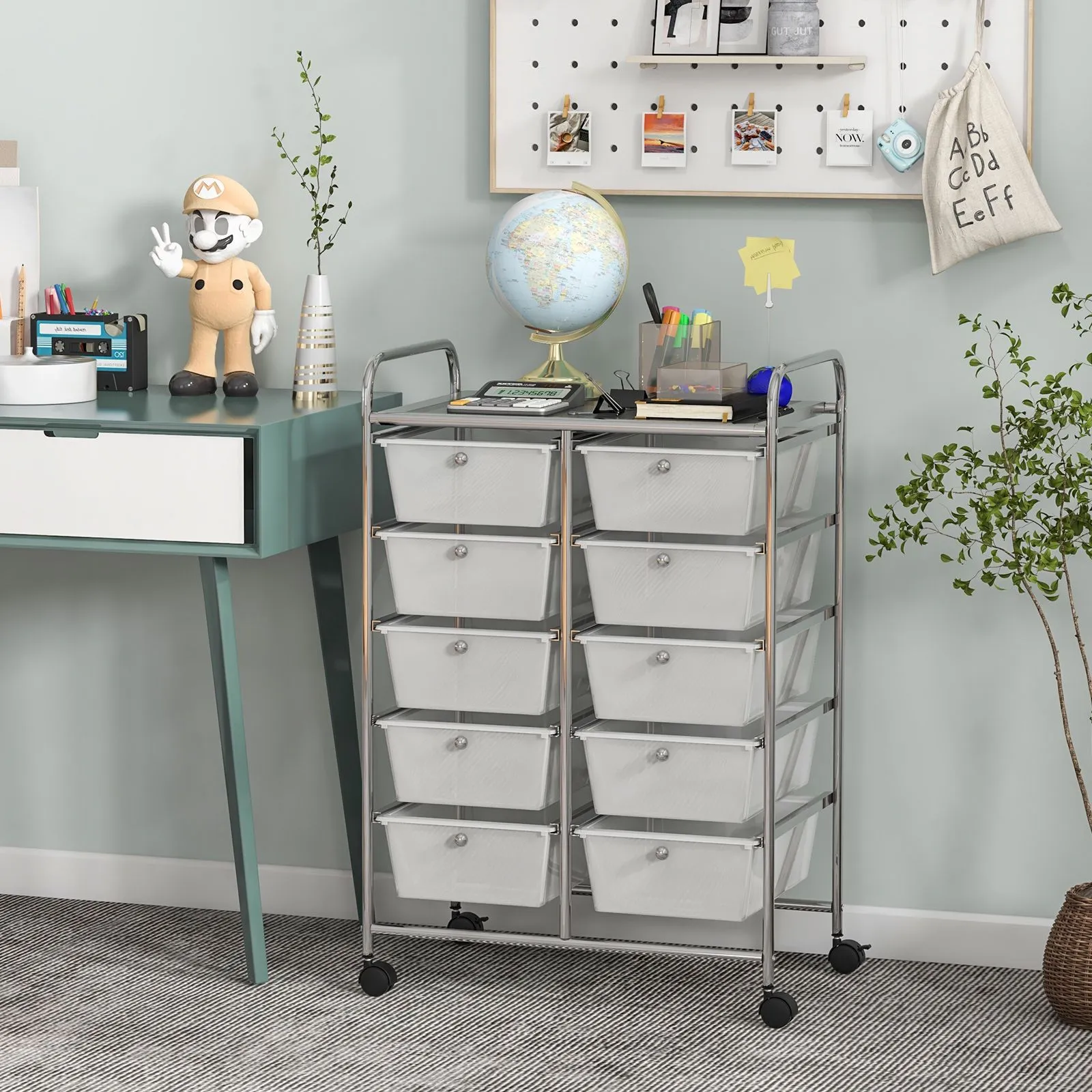 Costway 10 Drawers Storage Trolley Mobile Rolling Utility Cart Home Office Organizer in Clear 3