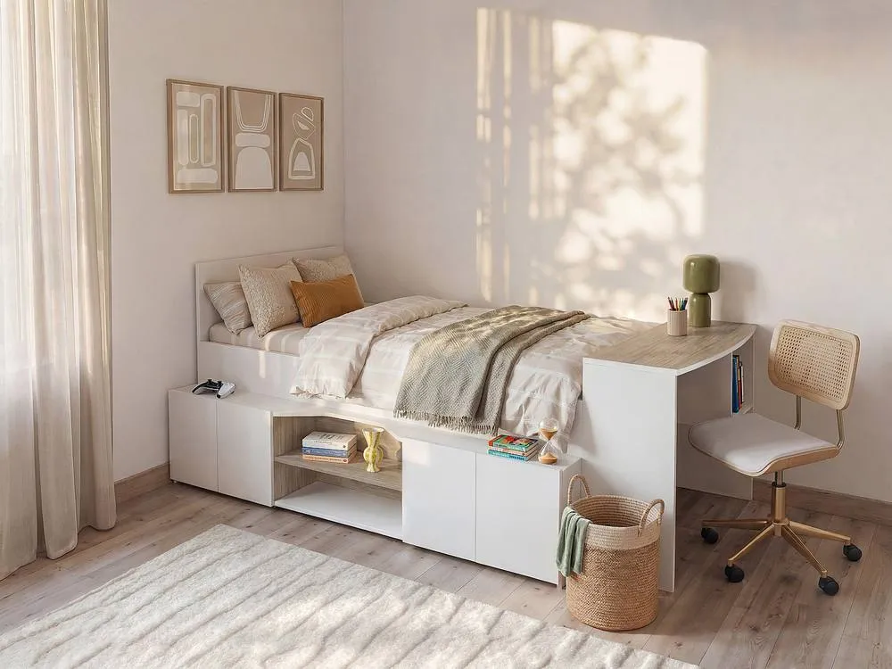 Vente-unique Combination Bed 90 X 190/200 Cm With Desk & Storage - White and in Light Oak 3